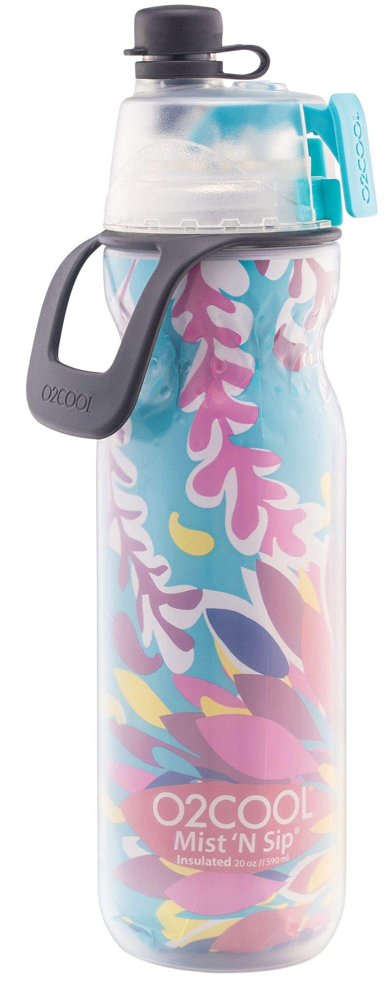 O2COOL Arctic Squeeze Insulated Mist 'N Sip Water Bottle  2 Pack- 20 oz  BPA Free  2-in-1 Mist and Sip Function w/No Leak Pull Top Spout (Ras Ombre/Tropical)
