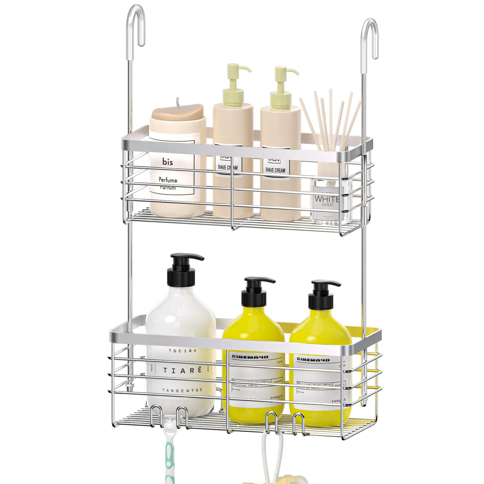 Dellan Hanging Shower Organizer, 2-Tier Shower Rack With Hooks Over The Door, Bathroom Shower Caddy And Basket