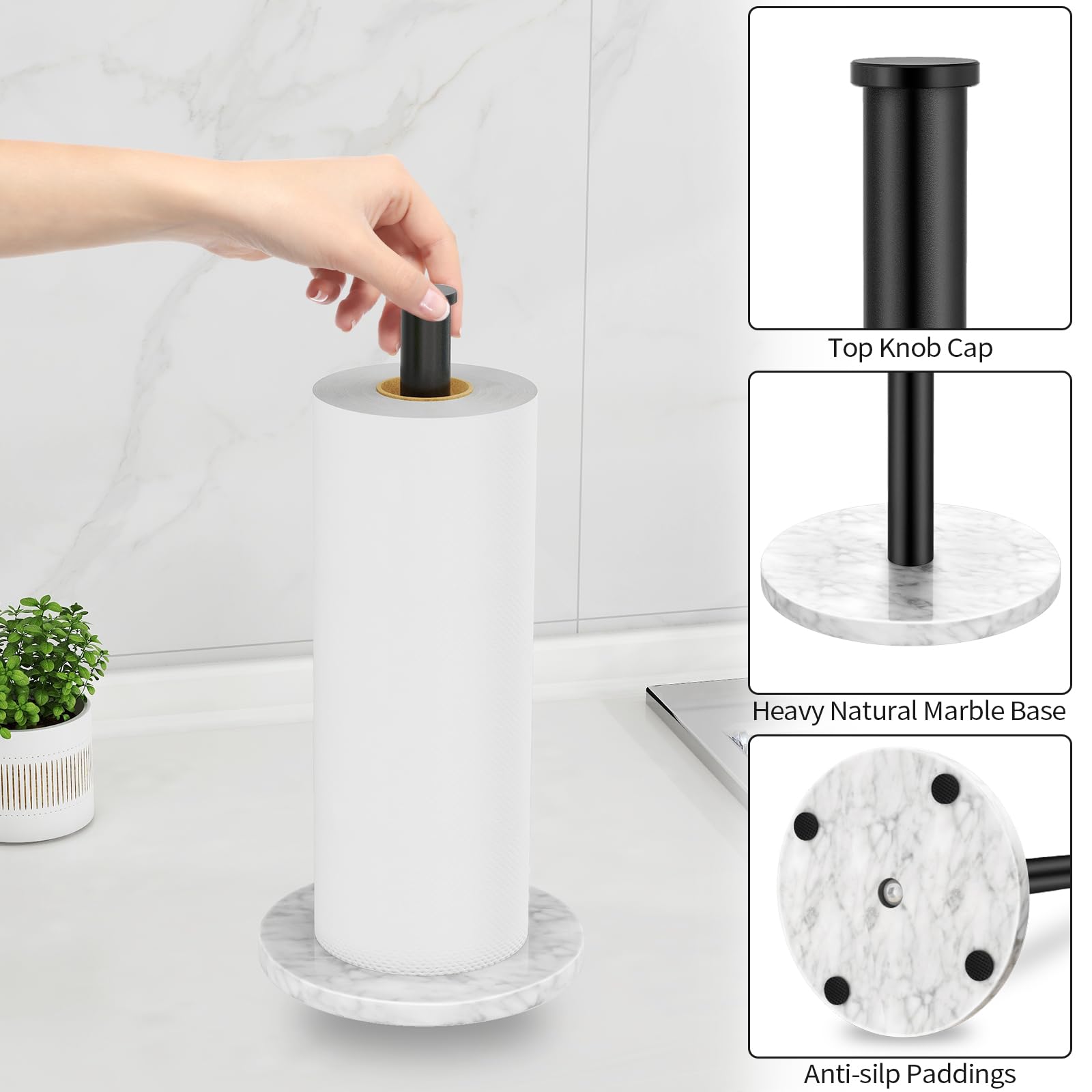 Paper Towel Holder Countertop, Jesginboo Kitchen Paper Towel Holder Stand With Natural Marble Base For Standard And Large Size R