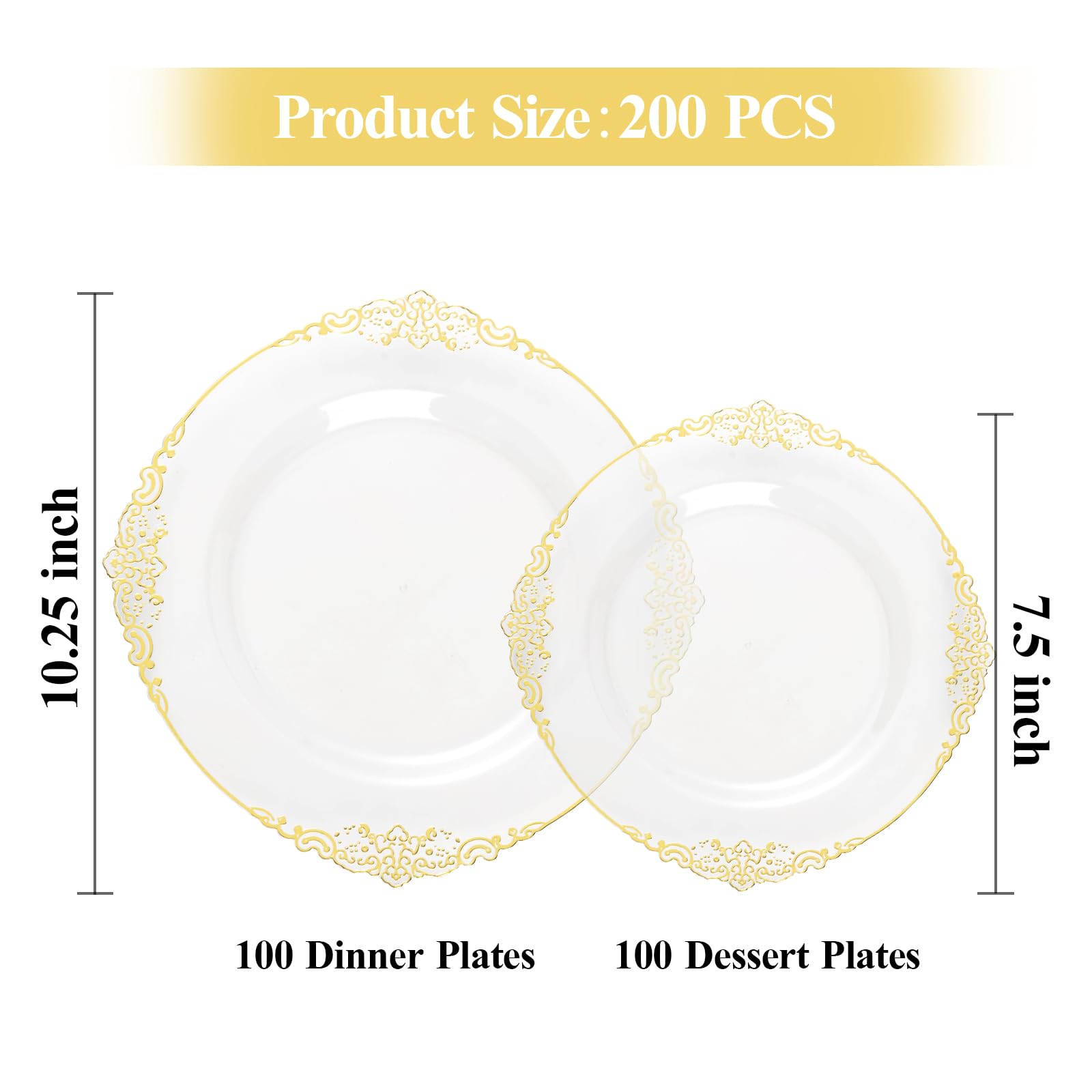 200 Pcs Clear And Gold Plastic Plates For 100 Guests, Elegant Clear Disposable Plates With Gold Rim, Include 100 Pcs Dinner Plat