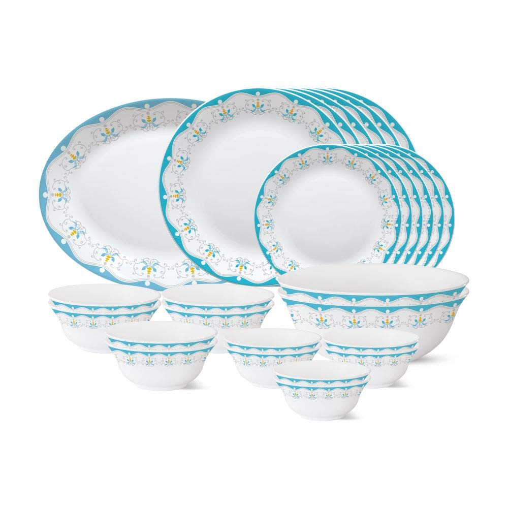 Larah By Borosil  Tiara Series, Royal Jade, 27 Pcs, Opalware Dinner Set, White