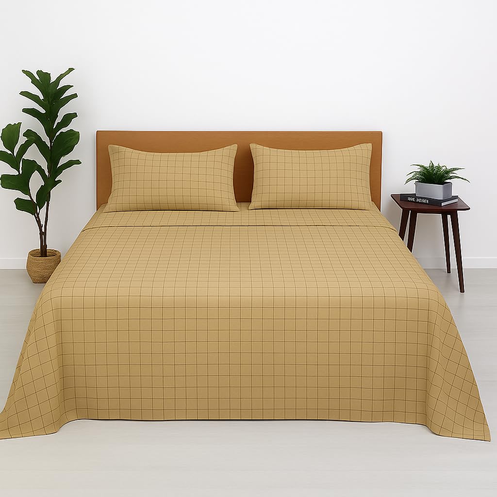 Bhoomi Impex Cotton Double Bedsheet With 2 Pillow Covers | 100% Pure Cotton | Soft & Breathable | 90X100 Inch - Taupe Check