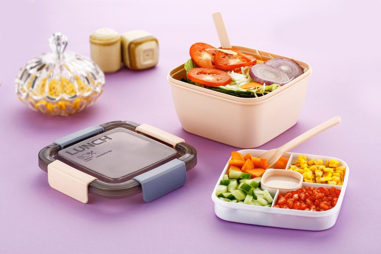 Clazkit Salad Lunch Box Container with Cutlery and Sauce Container with 5 Compartment Bento Style Tray Leak Proof Lunch Box for 