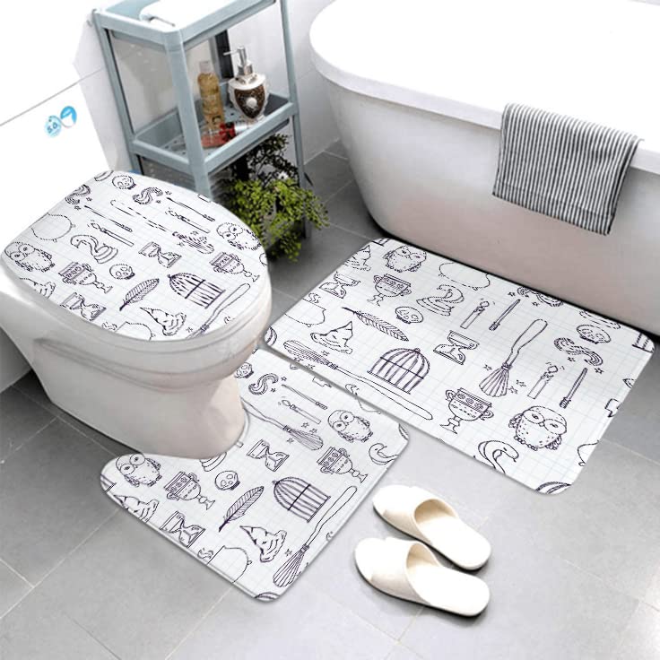 Lokmu 4 Pcs Shower Curtain Sets With Non-Slip Rugs, Toilet Lid Cover And Bath Mat,Witch Birdcage Magic Books Owl Wand Broom Wate