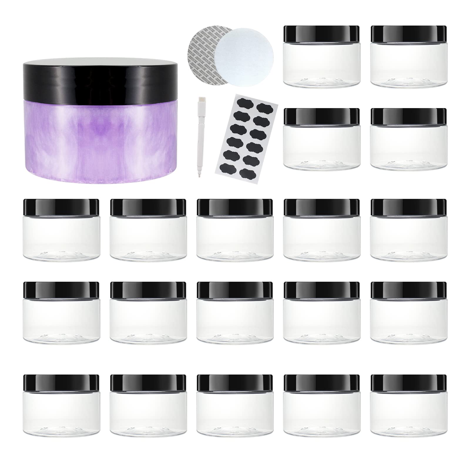 20 Pack 4 Oz Clear Plastic Slime Jars With Lids, A Spatula, A Pen &Labels - Refillable Low Profile Containers/Storage Favor Jars