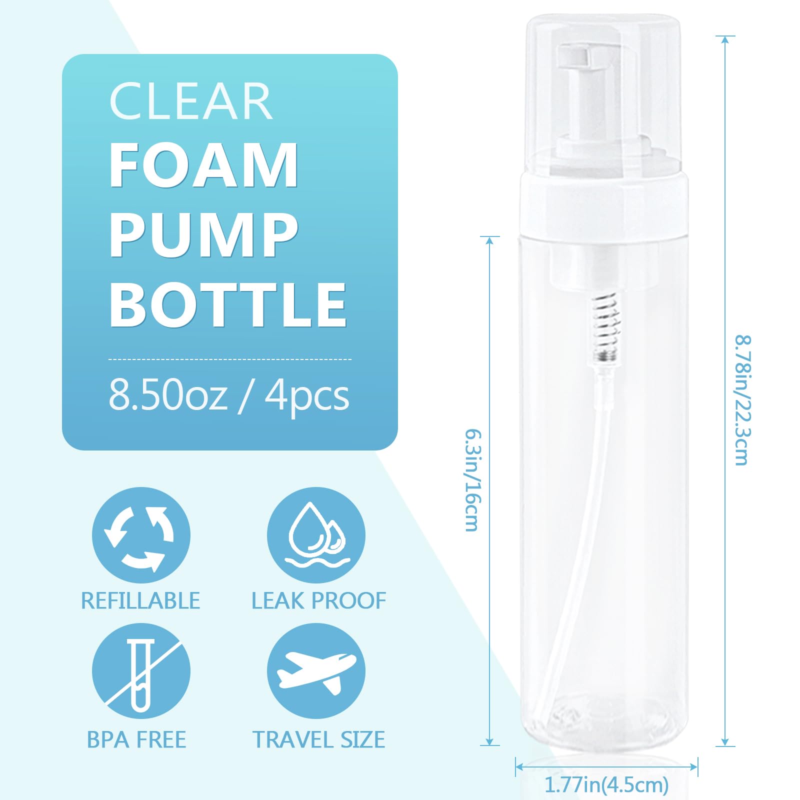 Foam Pump Bottle 8.5Oz/250Ml Clear Empty Foam Bottle Pump, Travel Foam Bottle For Soap, Shampoo, Cleaning Foam Dispenser Bottle