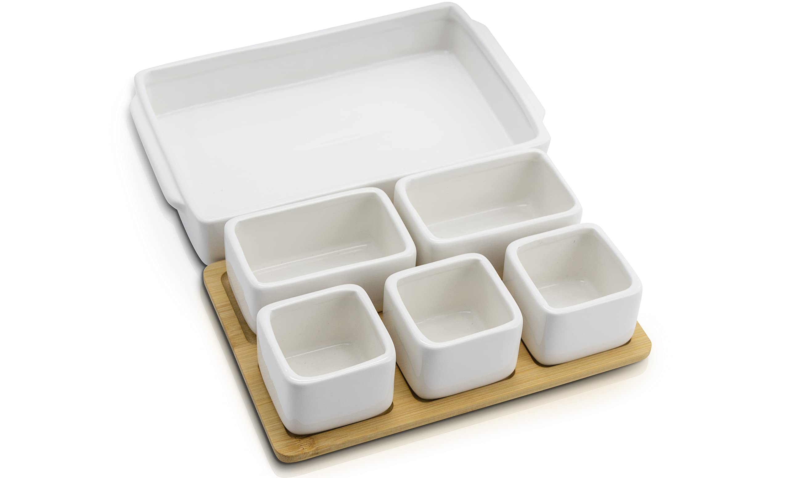 Eternal Living Appetizer Serving Tray Condiment Server With Bamboo Tray 7 Pieces Set, Ceramic