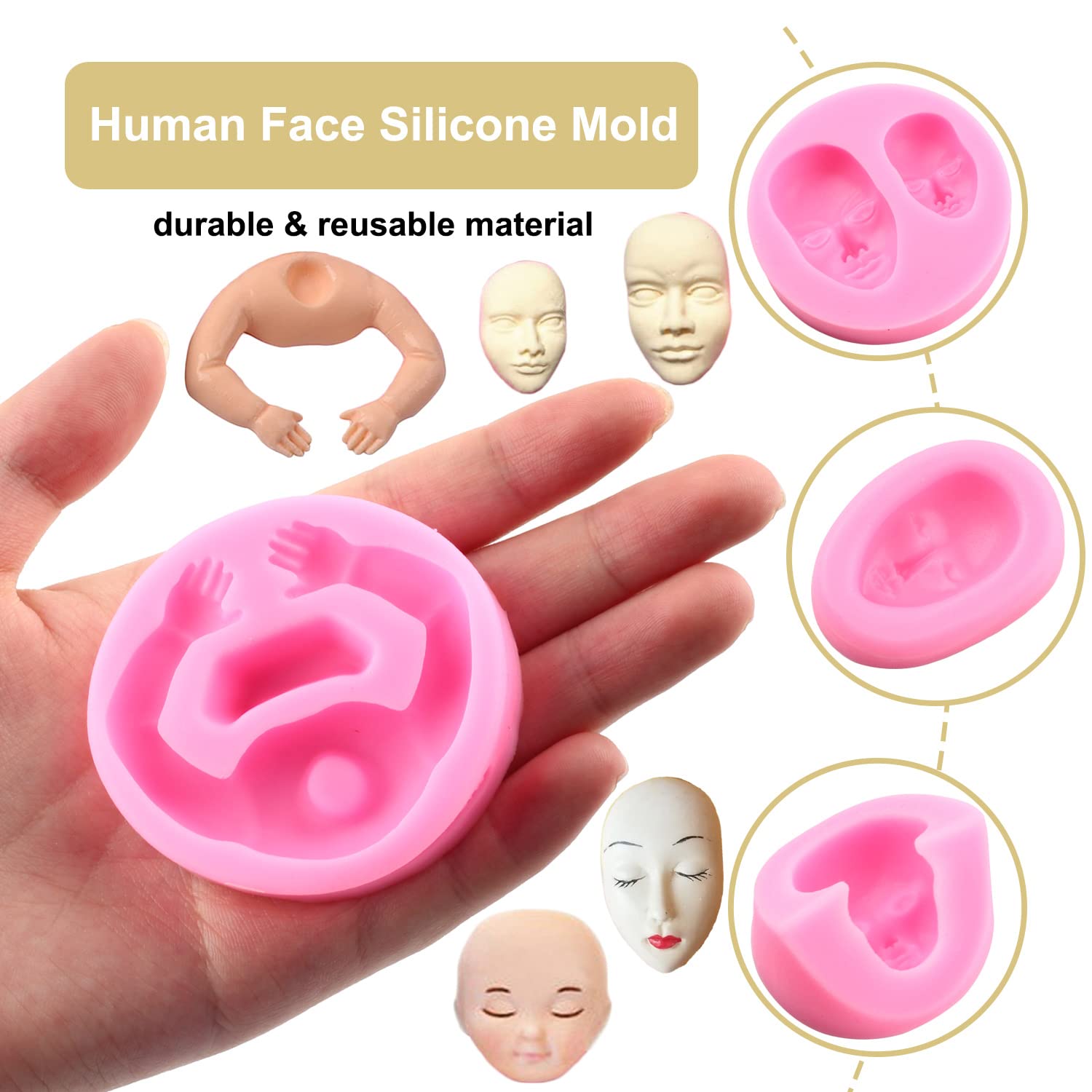 Zixiang Human Face Silicone Mold Doll Body Fondant Mold Baby Face Molds 3D Baby Arm Mold For Cake Decorating Cupcake Topper Choc