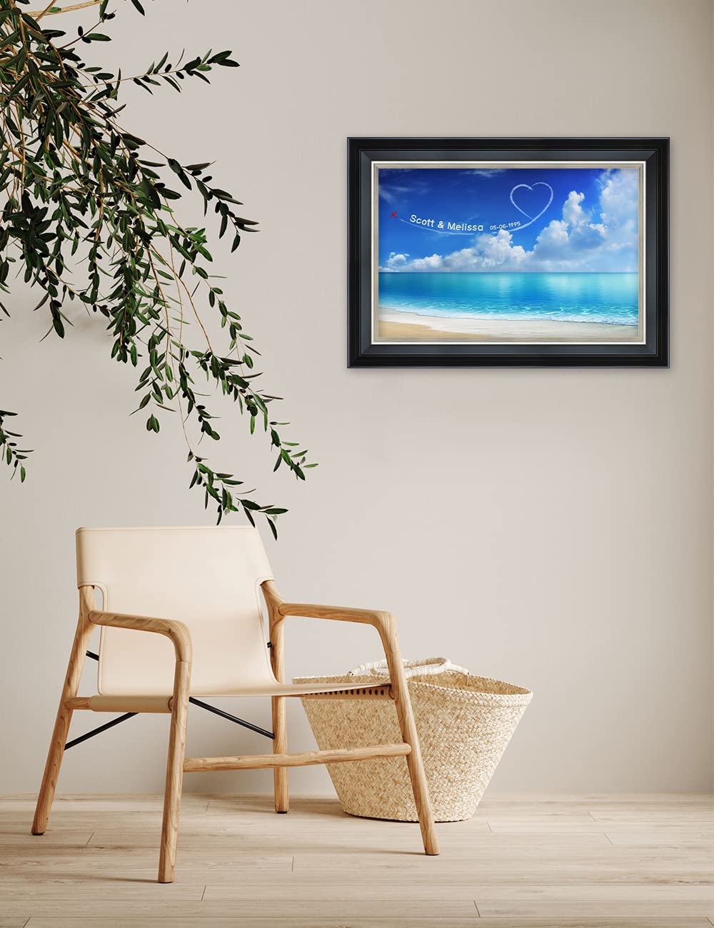 Ipic - Seaside Skywriting Personalized Framed Wall Art With Names And Date On, Giclee Prints With Solid Wood Frame, Customized G