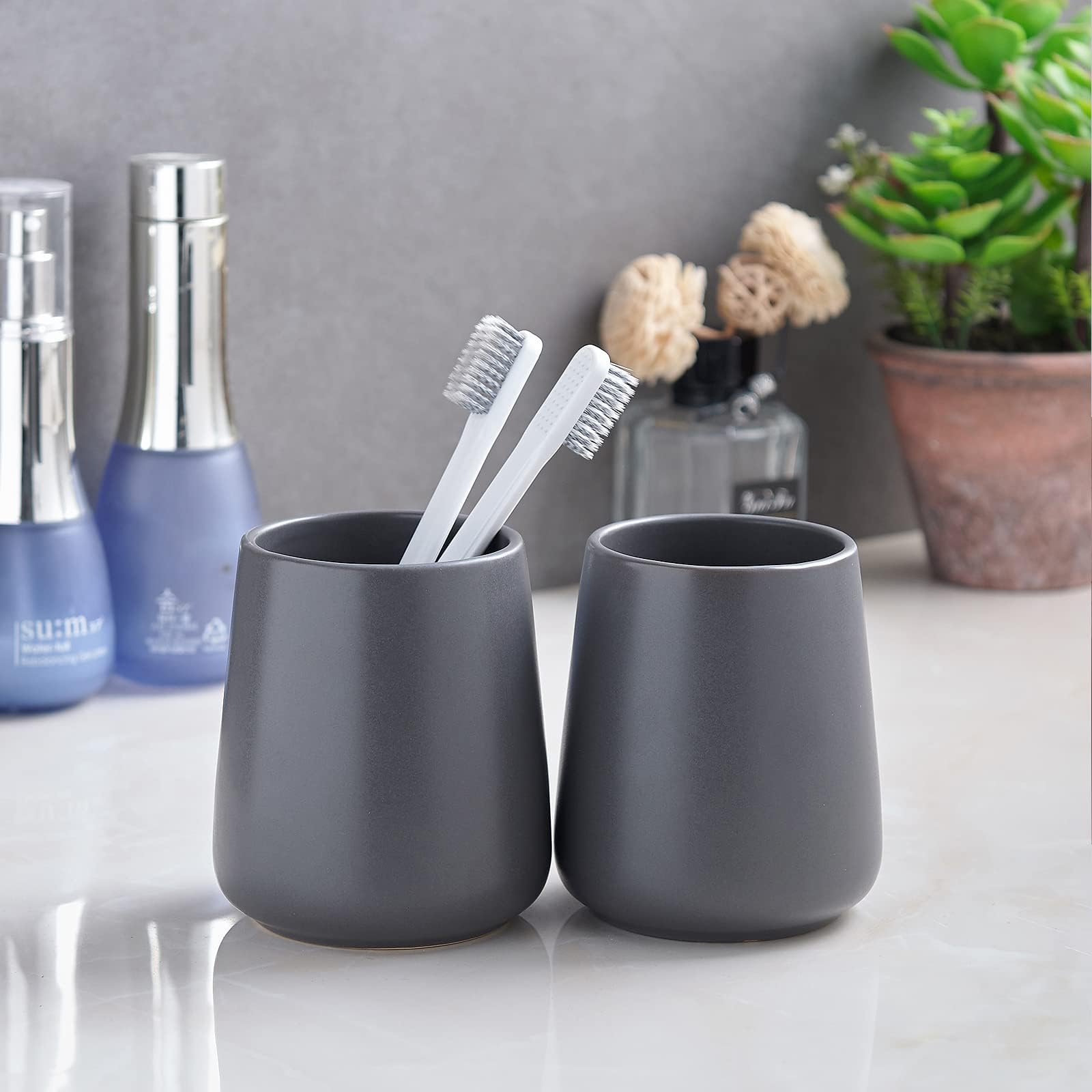 Matte Grey Ceramic Toothbrush Holder - Tooth Brushing Holders, Toothbrush And Toothpaste Holder Organizer For Bathroom Counterto