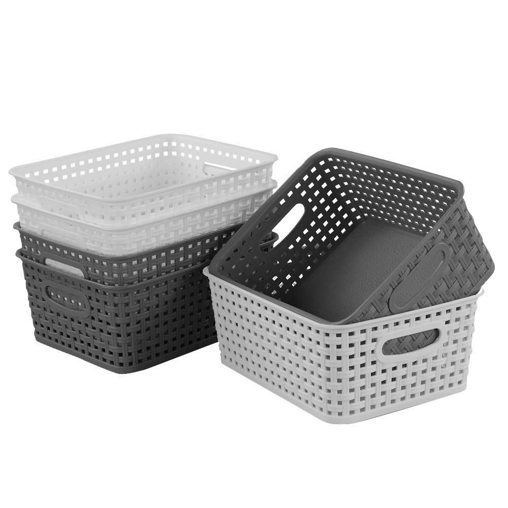 Idomy 6-Pack Plastic Storage Baskets/Bins  Rectangle White  Grey