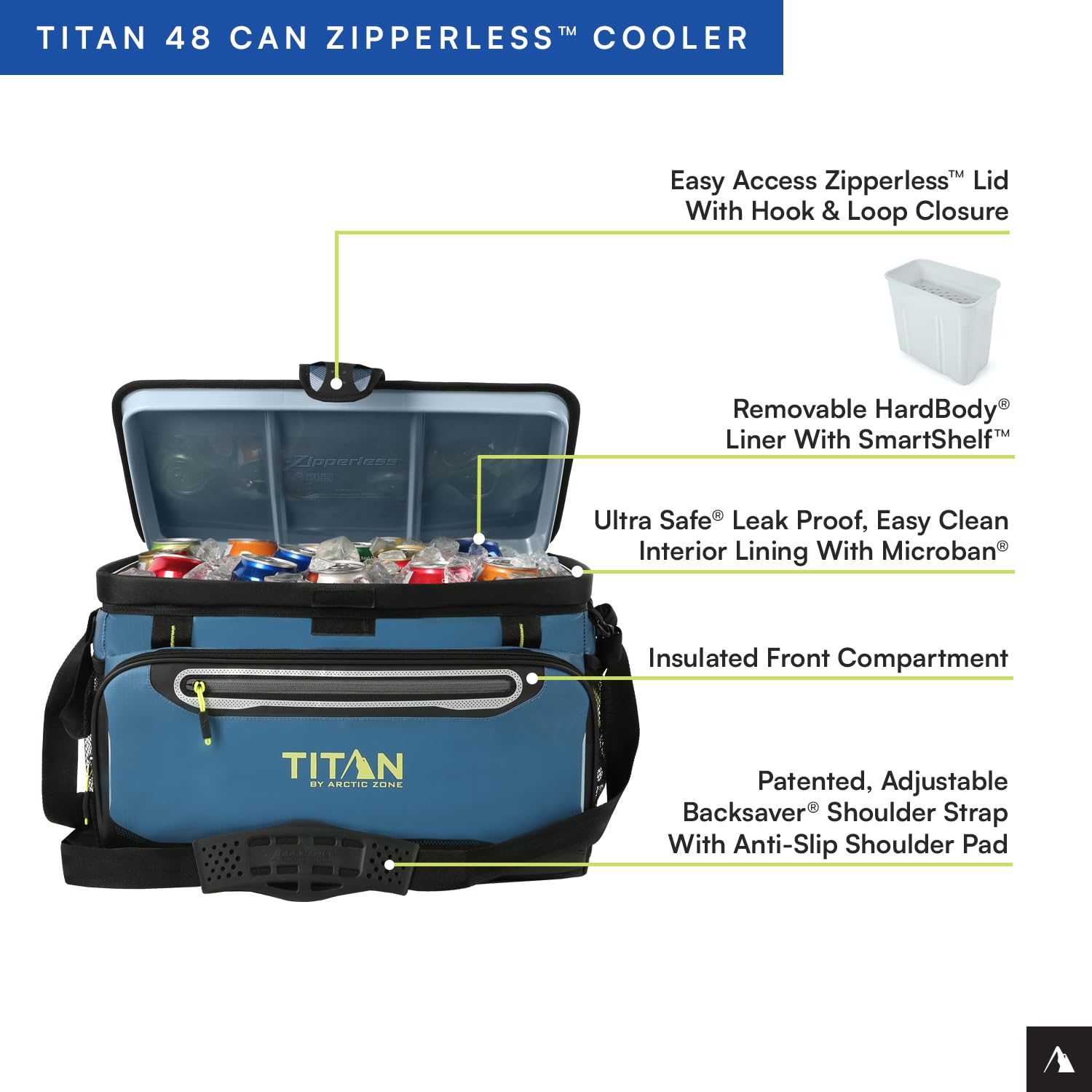 Titan by Arctic Zone 48 Can Zipperless Soft Cooler with HardBody Liner, Marine Blue