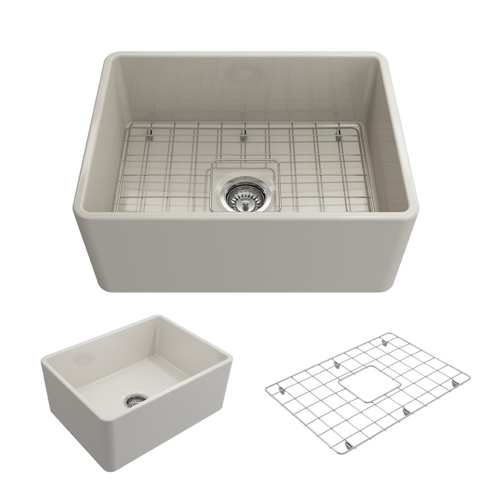 Bocchi Classico Farmhouse Apron Front Fireclay 24 In. Single Bowl Kitchen Sink With Protective Bottom Grid And Strainer In Biscu