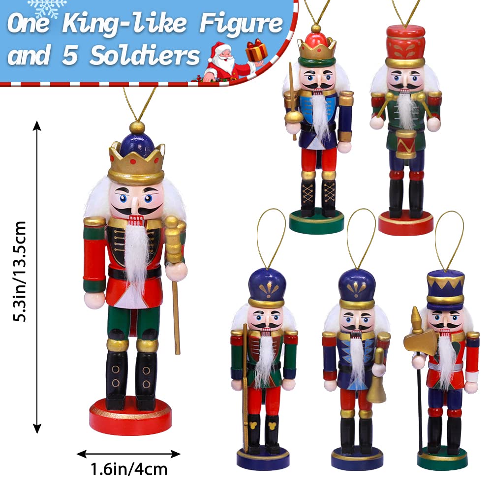 Jolik 6 PCS Christmas Nutcracker Ornament Set Wooden Nutcracker Ornaments Decoration for Xmas Tree, Table Decor(5.3, Set of 6p