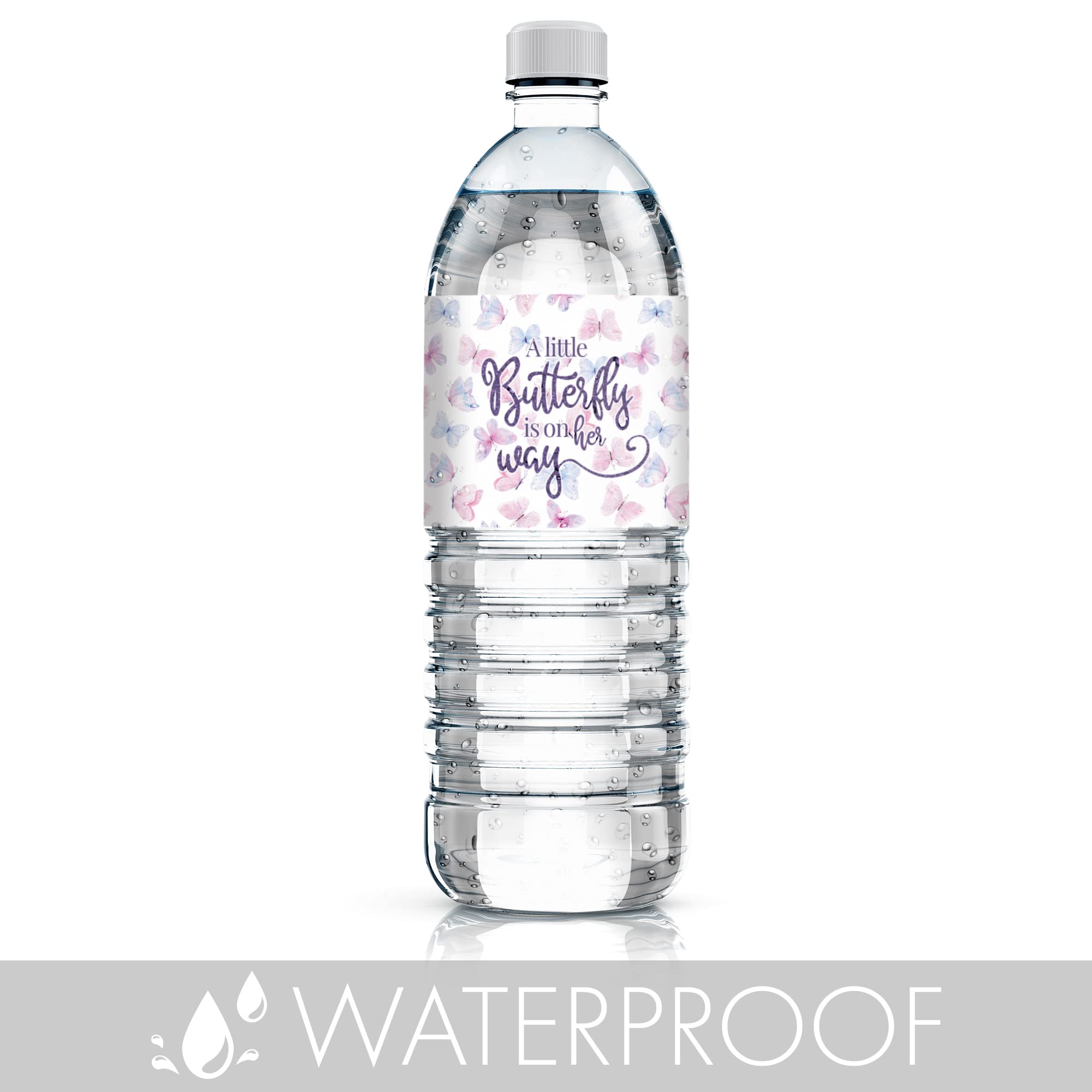 Butterfly Girl Baby Shower Water Bottle Labels - A Little Butterfly Is On Her Way - It'S A Girl Pink And Purple Waterproof Wrapp