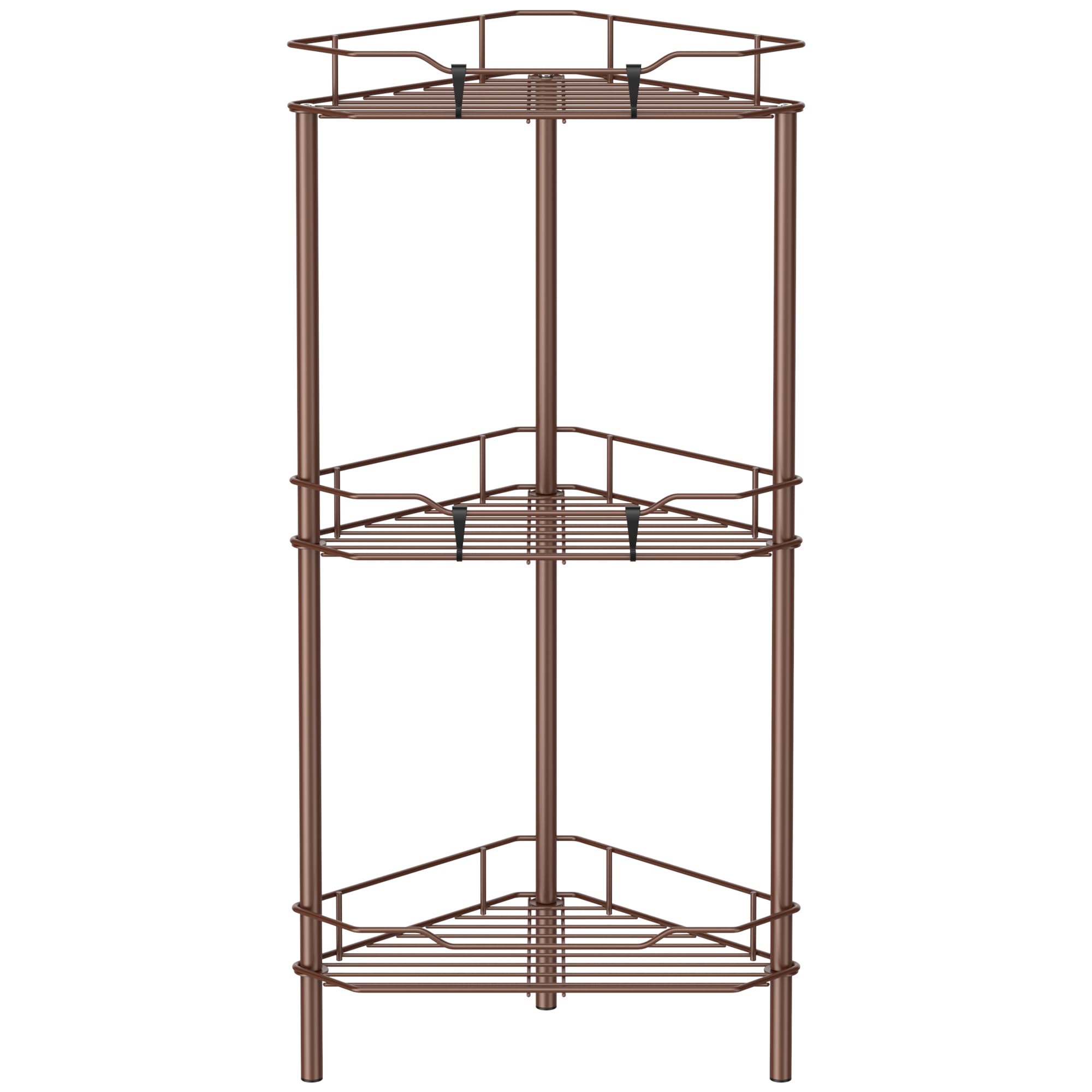 HuggieGems 3 Tier Floor Standing Corner Shower Caddy Organizer Shelf with Hooks, Bathroom Shelves Stand Rack, Coffee