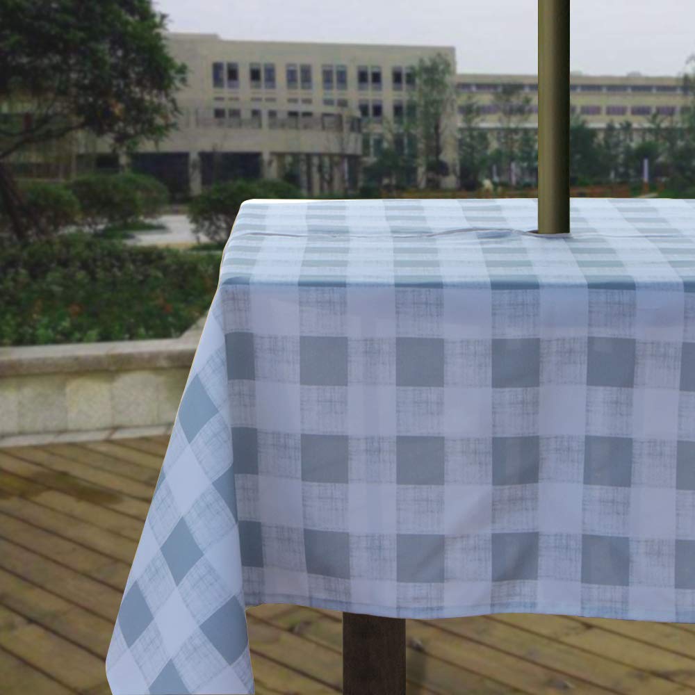 Melaluxe Spring/Summer Wrinkle-Free Waterproof Outdoor Tablecloth with Umbrella Hole and Zipper, Grey Checkered, 60 Inch Square