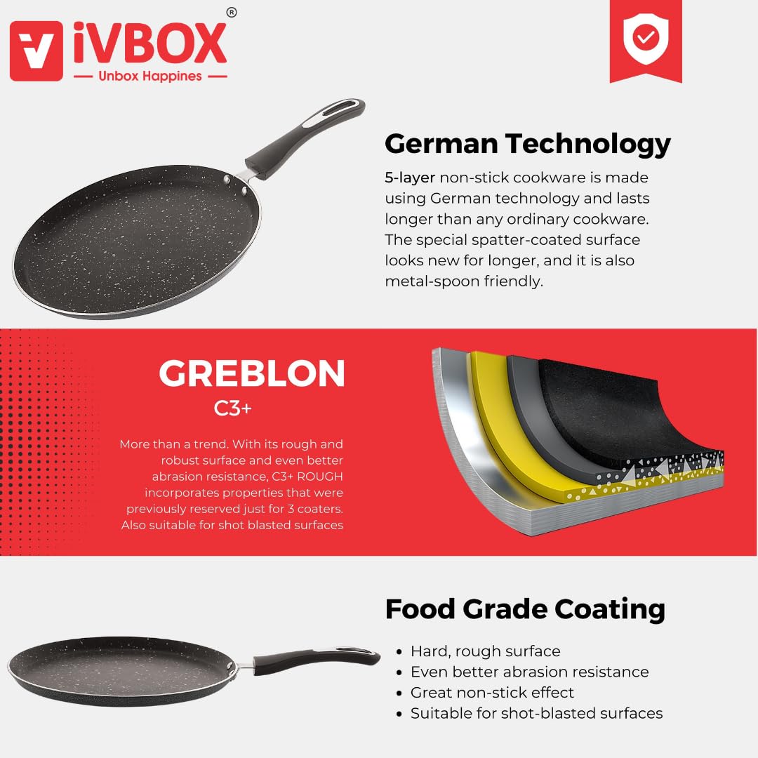 ivbox Omega-Pro Granite Dosa Tawa 3mm-Thick Non Stick (Induction and Gas Stove Compatible), 280 mm, Aluminium, Black