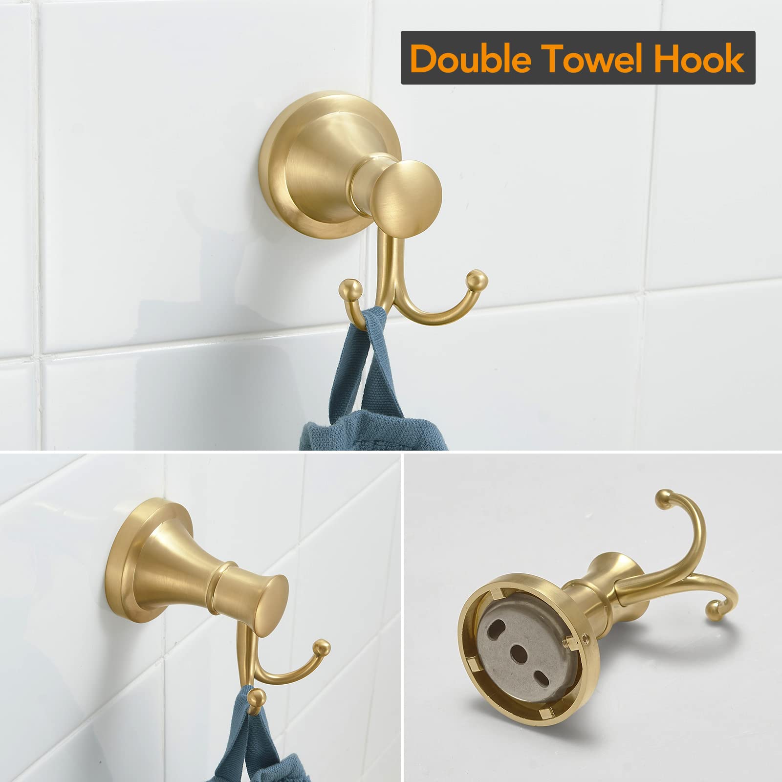 BESy Brushed Gold 4 Piece Bathroom Accessories Set (Single Towel Bar  Towel Ring  Toilet Paper Holder  Double Towel Hooks)  Wall Mounted Bath Hardware Accessory Fixtures Set