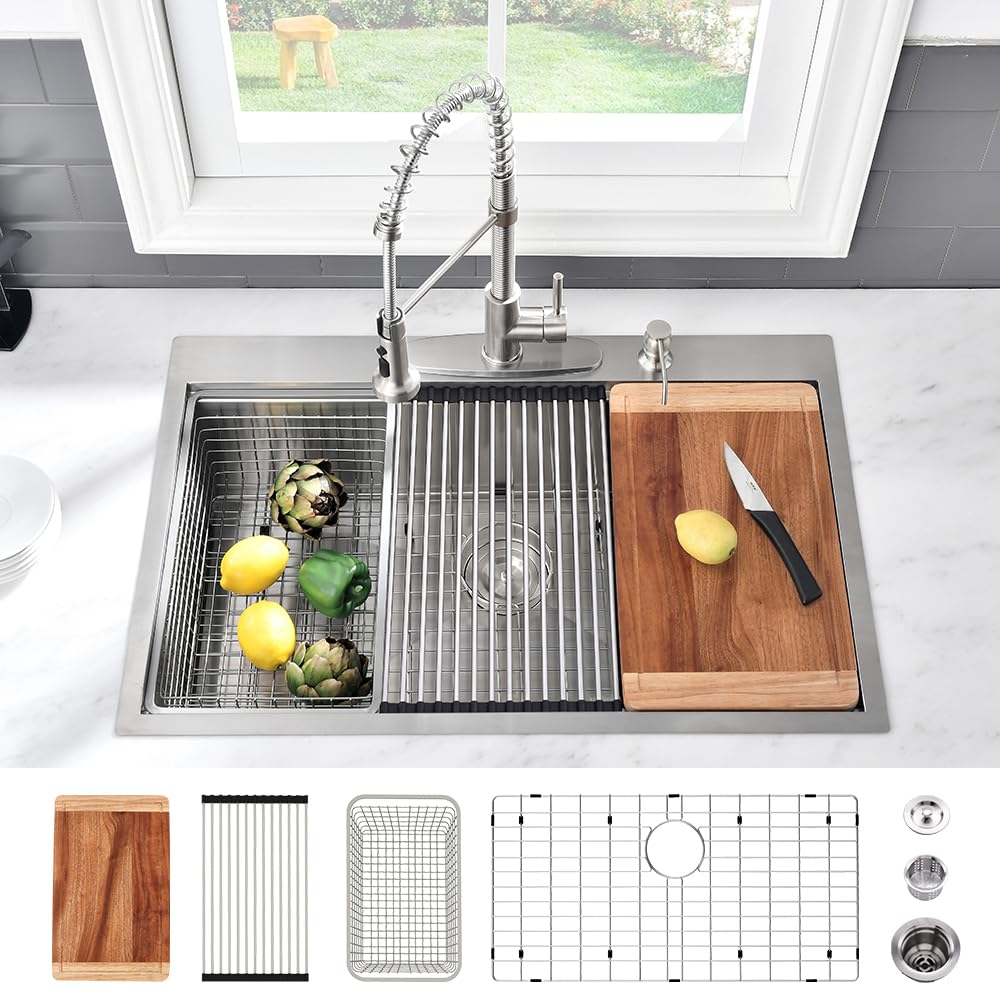 32 Inch Drop In Kitchen Sink Workstation-Vasoyo 32X22 Kitchen Sink Drop In Topmount Workstation Kitchen Sink 16 Gauge Stainless