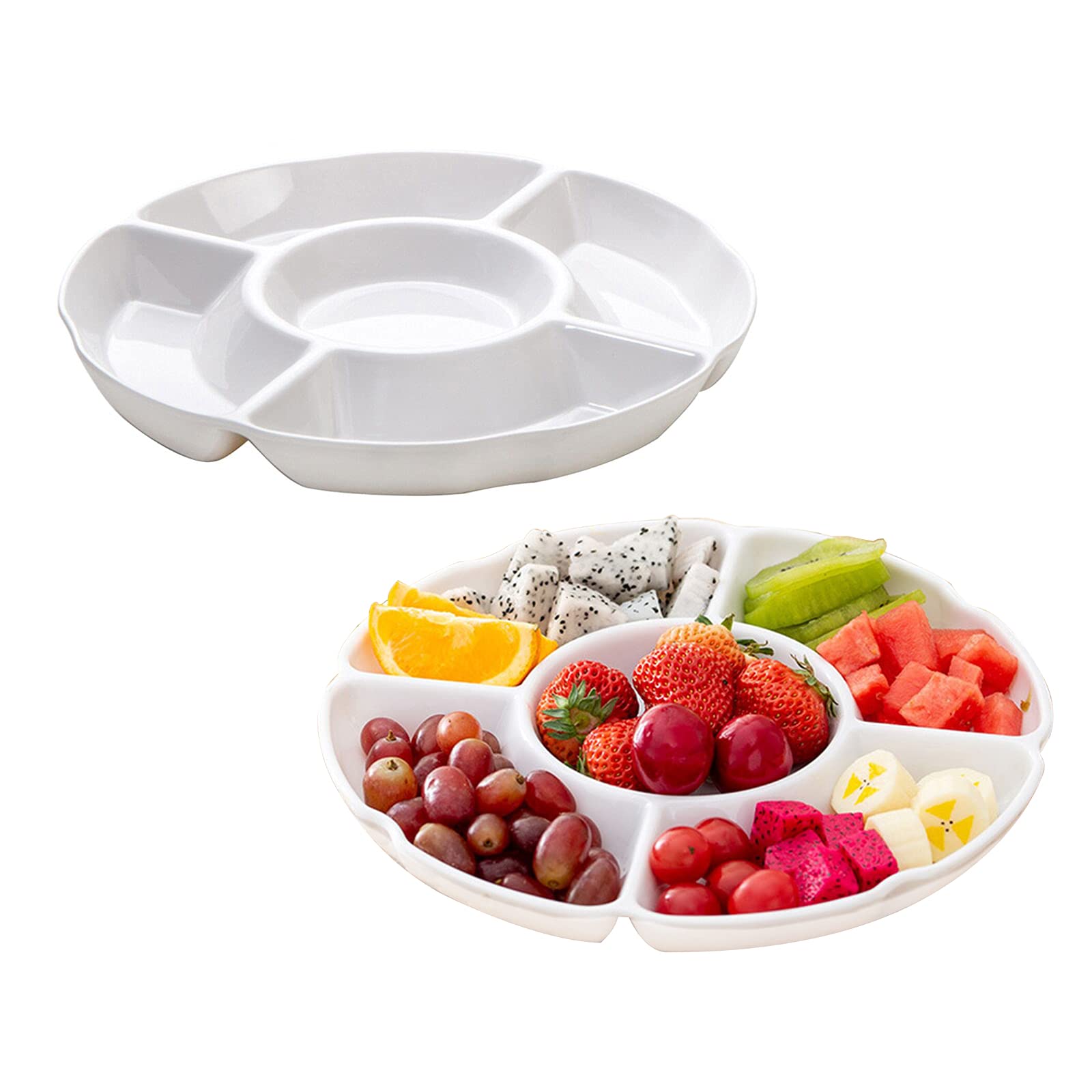 Set Of 2Pcs 10 Inch Melamine Serving Tray With 5 Compartments, Divided Serving Platter For Appetizer, Snack, Veggie, Fruits (Whi
