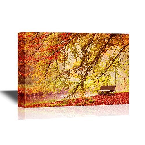 Wall26 Canvas Print, Wall Art Watercolor Effect Bench In Autumn Park Nature Wilderness Illustrations Modern Art Rustic Scenic Co