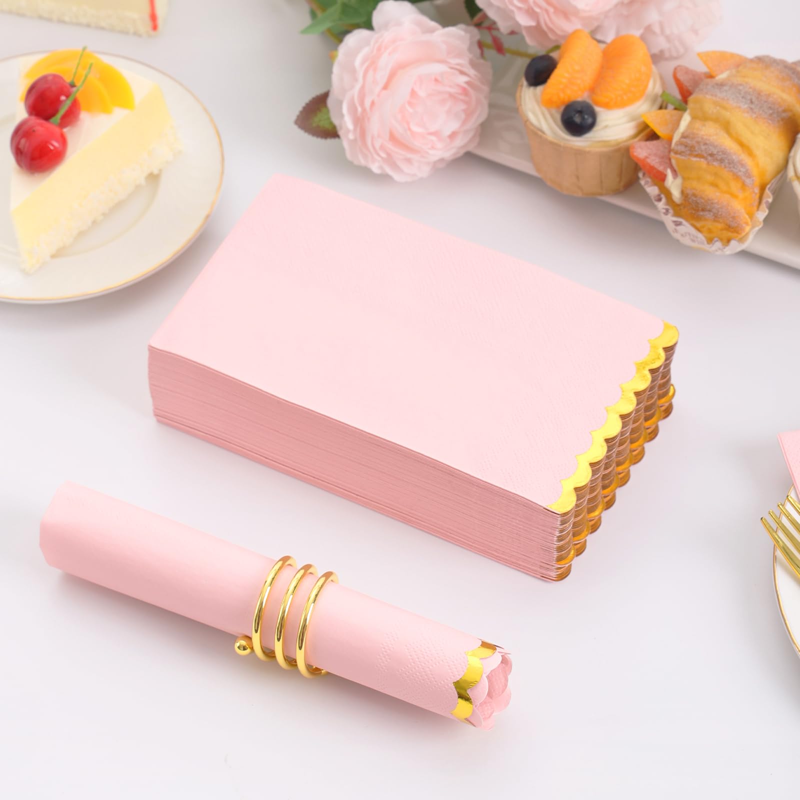 100 Pcs Pink Paper Napkins Disposable, Pink And Gold Party Napkins Pink Scalloped Dinner Napkins For Birthday Wedding Bridal & B