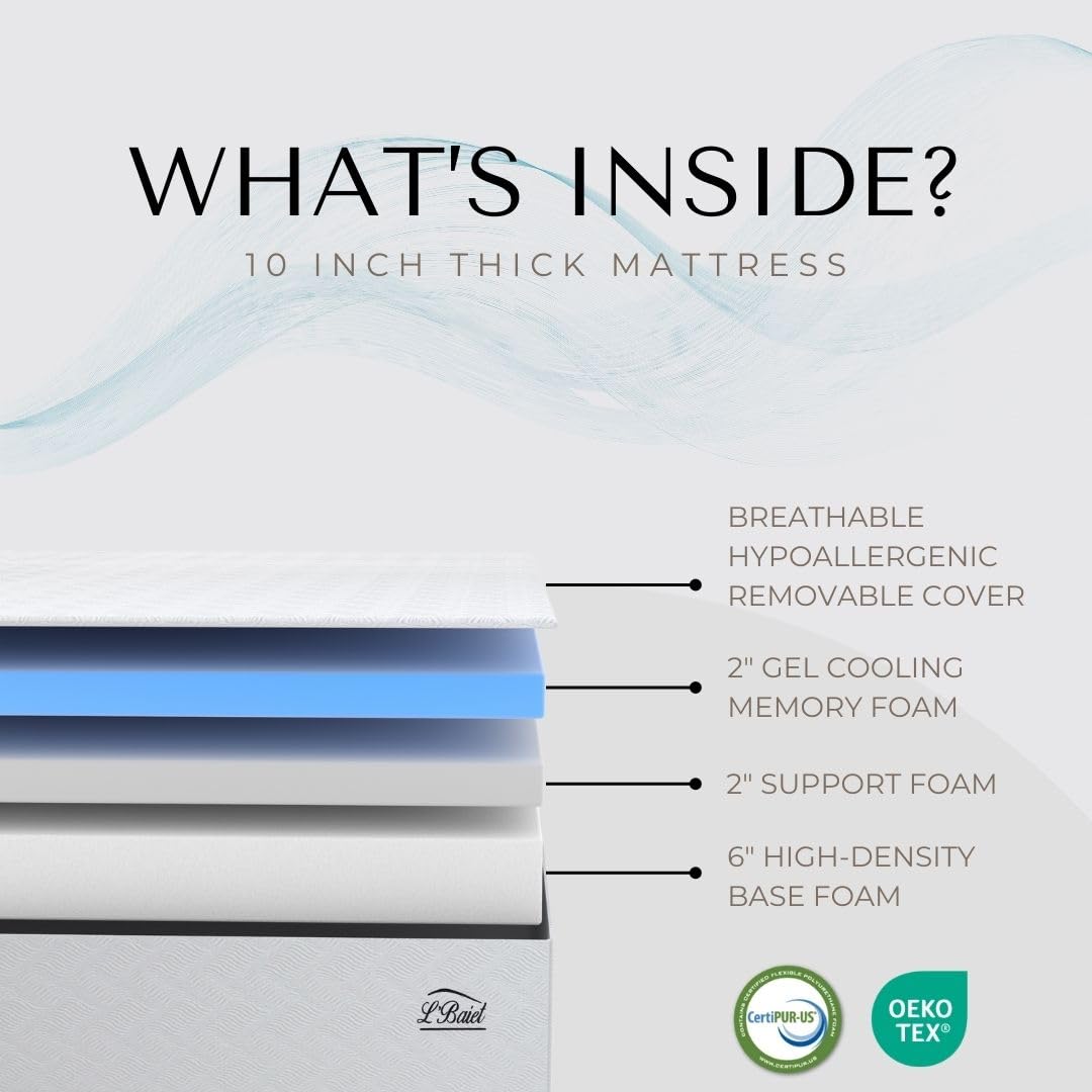 Lbaiet 10    Gel Memory Foam Mattress, Queen Size/Bed In A Box/Medium Firm/Breathable Cooling-Gel Comfort Technology/Pressure Re