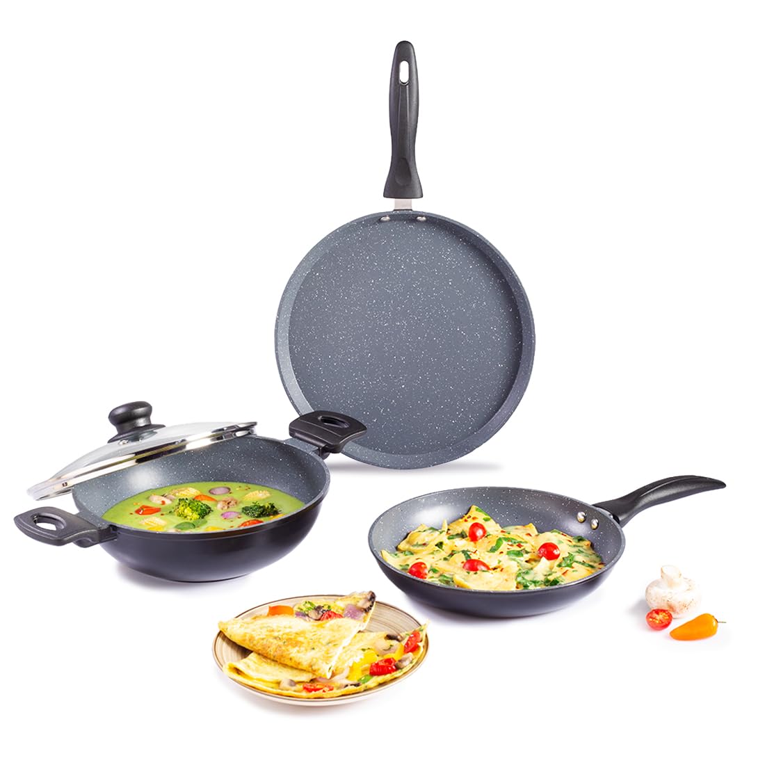 Wonderchef Duralite DieCast NonStick Pans 4 Pcs Set | 24 Cm Kadhai With Lid, 24 Cm Fry Pan, 28 Cm Dosa Tawa | 1.2 L | Grey | 2