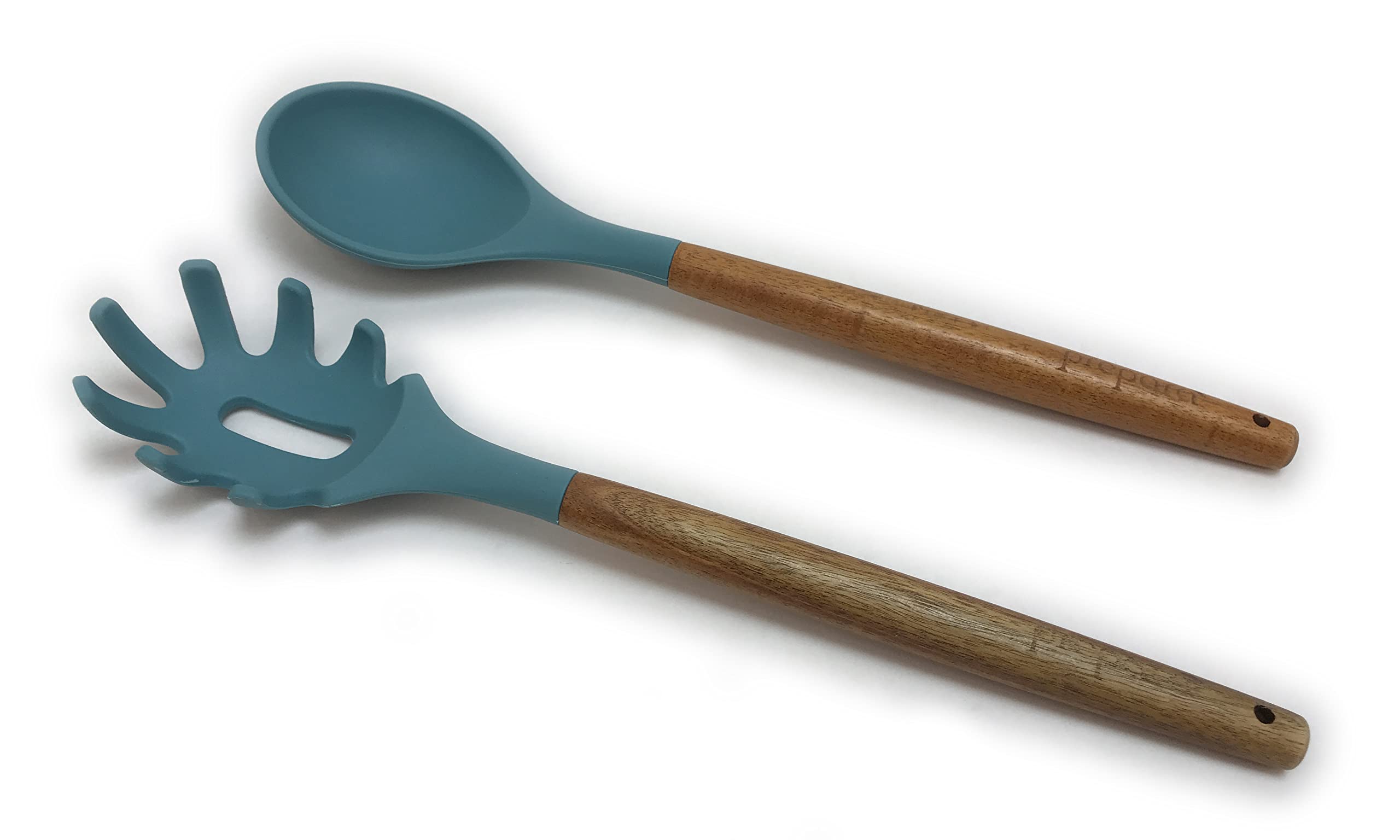 Prepara Acacia And Silicone Spaghetti And Solid Spoon Set Cooking Utensils, Set Of 2, Steel Blue