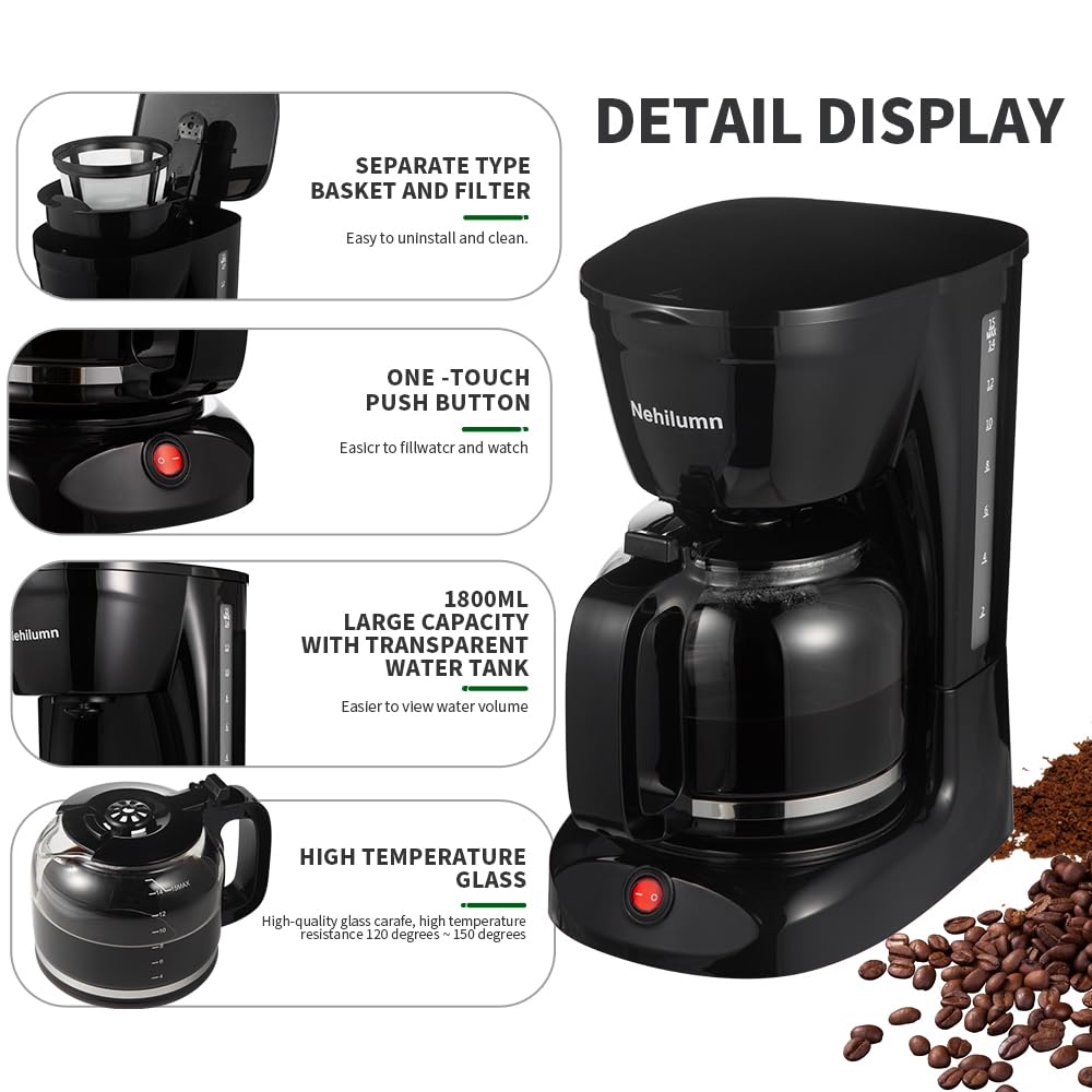 Nehilumn 12 Cup Drip Coffee Maker, Coffee Pot Machine Permanent Coffee Filter, Coffee Machines,1.8L Glass Carafe Electric Coffee