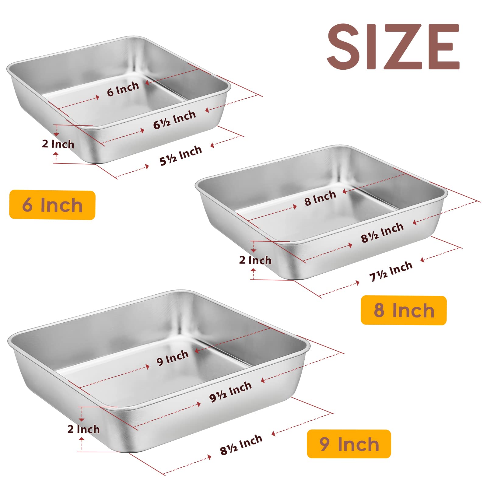 E-Far 6/8/9-Inch Square Cake Pan Set, Stainless Steel Square Baking Brownie Pans Metal Bakeware Set Of 3, Non-Toxic & Healthy, E