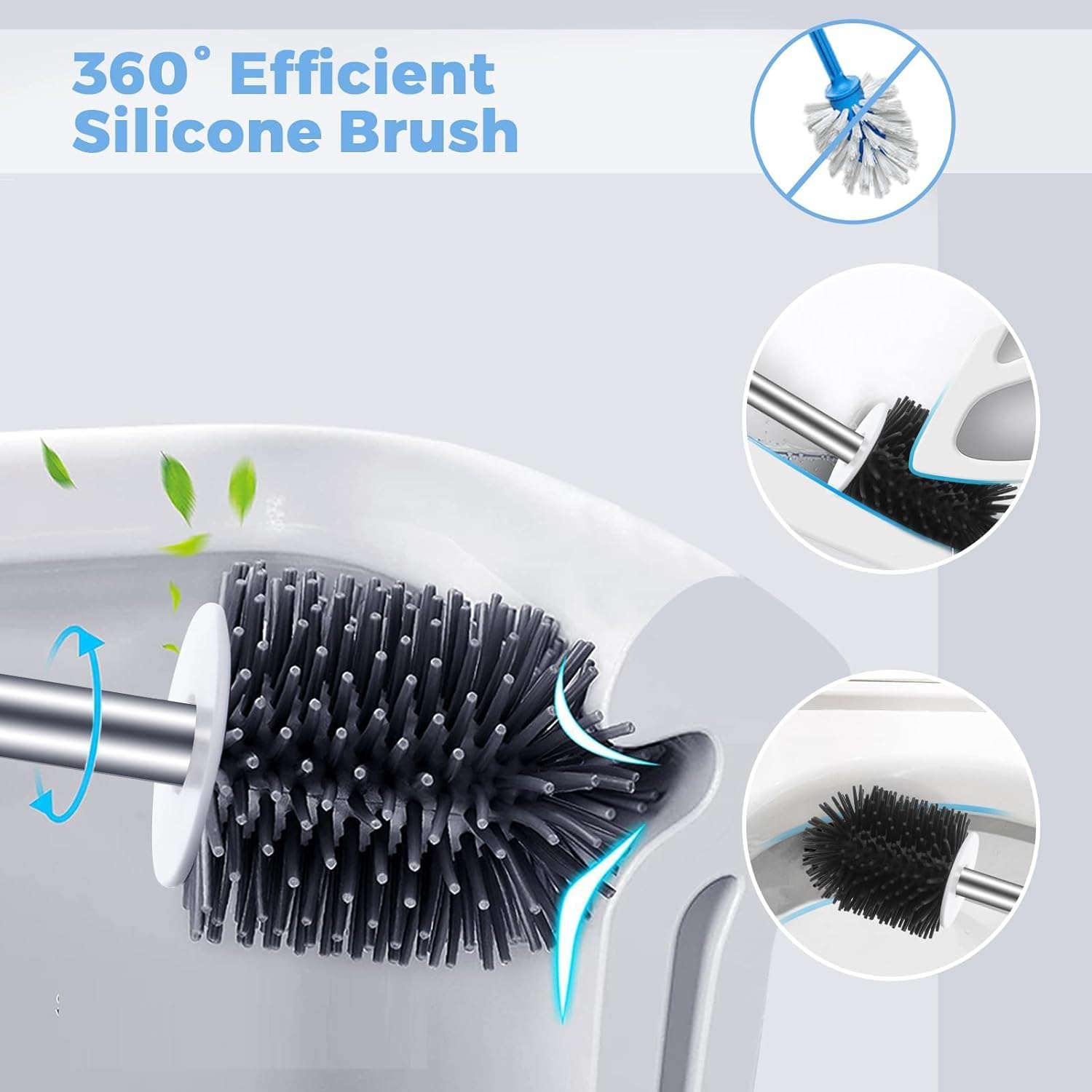 Noridy Silicone Toilet Brush With Holder Set - Free Stand Sleek Cleaner With Ventilated Drying Stand And Adhesive Wall Mounted C