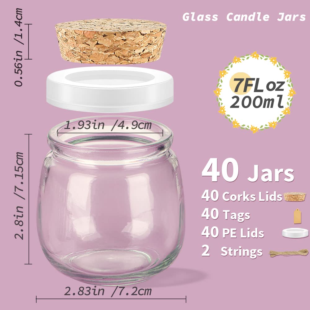 Syntic 40 Pack Small Glass Jars With Cork Lids, 7Oz Empty Candle Jars For Making Candles, Yogurt Container With Pe Lids For Wedd
