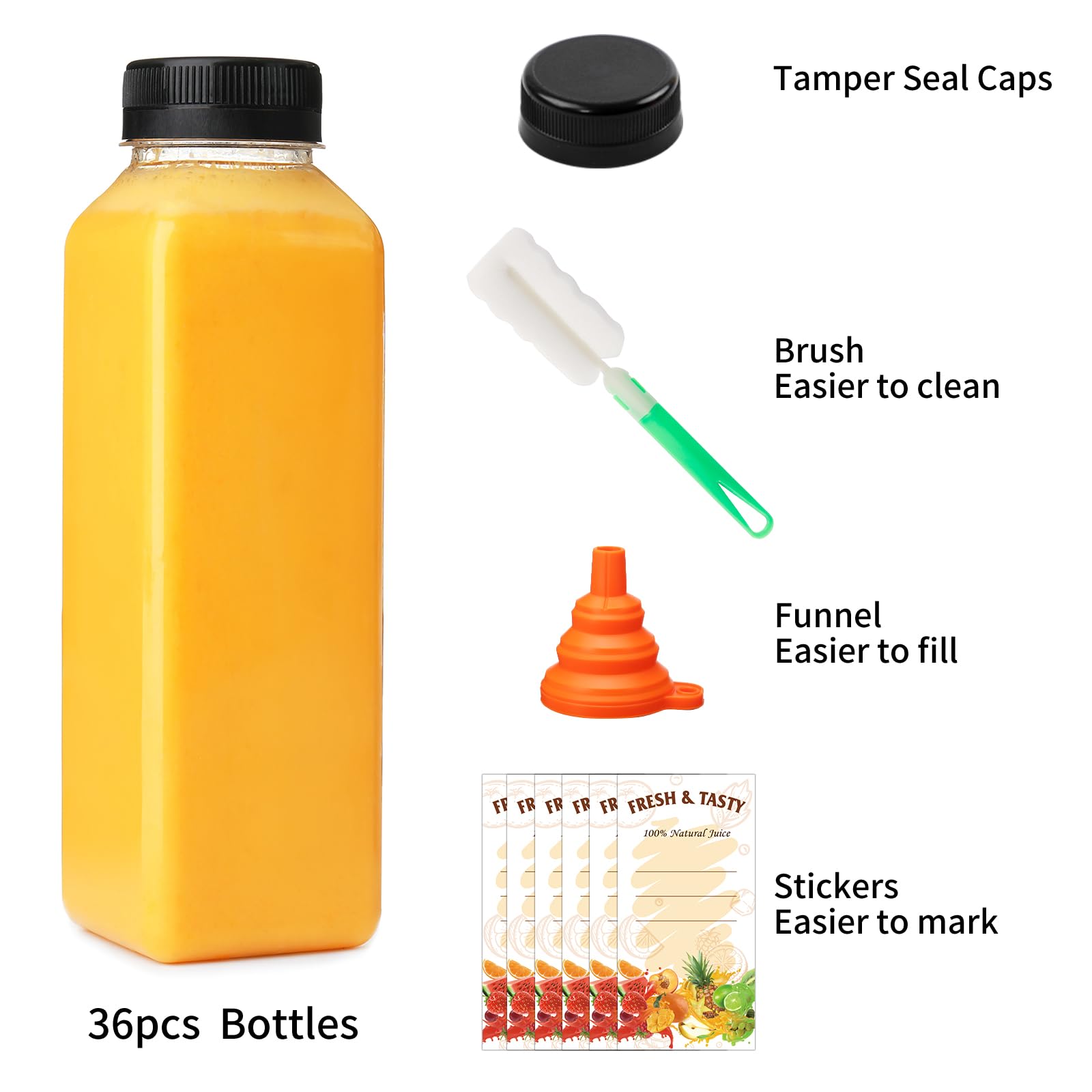 Bakhuk 36Pcs 16Oz Empty Plastic Juice Bottles With Caps, Reusable Clear Bulk Beverage Containers For Juice, Milk And Other Bever
