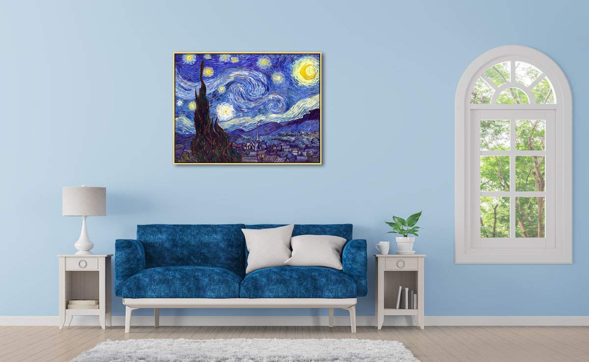 Wieco Art Framed Art Giclee Canvas Prints Of Starry Night By Vincent Van Gogh Paintings Reproduction Post-Impressionism Artwork