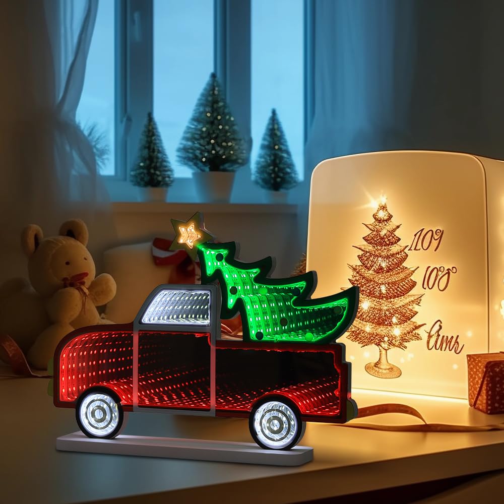MEETYAMOR Christmas Decorations Indoor, Christmas Tree Truck Infinity Mirror Tunnel Light, 3D Endless Extension LED Night Lamp,