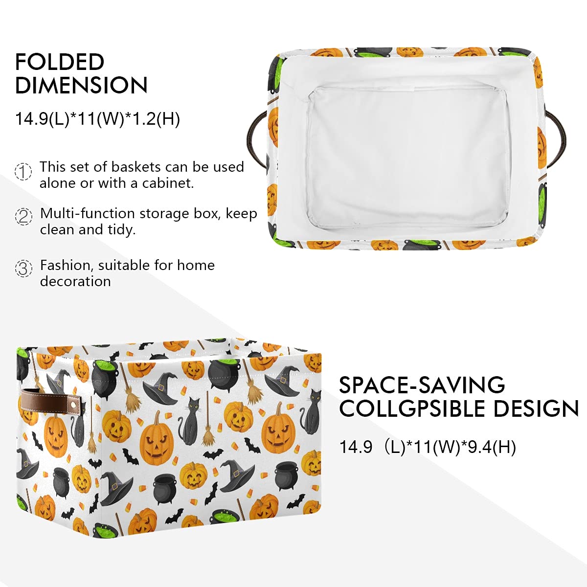 Senya Halloween Basket, Large Foldable Storage Basket With Handles Halloween Pumpkin Black Cat Ghost Bat Pattern Fabric Collapsi