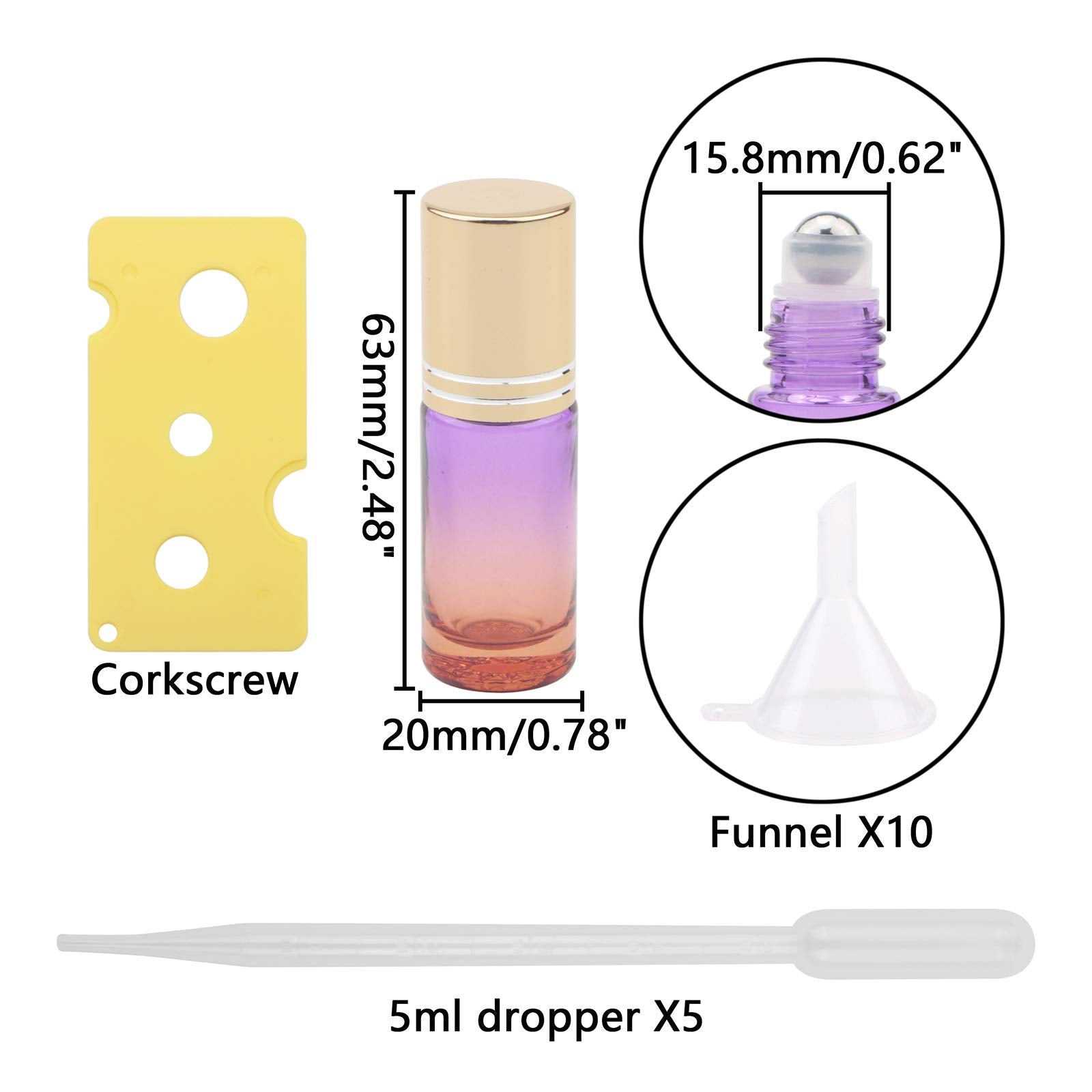 Jiuwu Refillable Essential Oil Roller Bottles Set - 10 Glass Roll-On Bottles For Oils With Stainless Steel Roller Balls, Gold Ca
