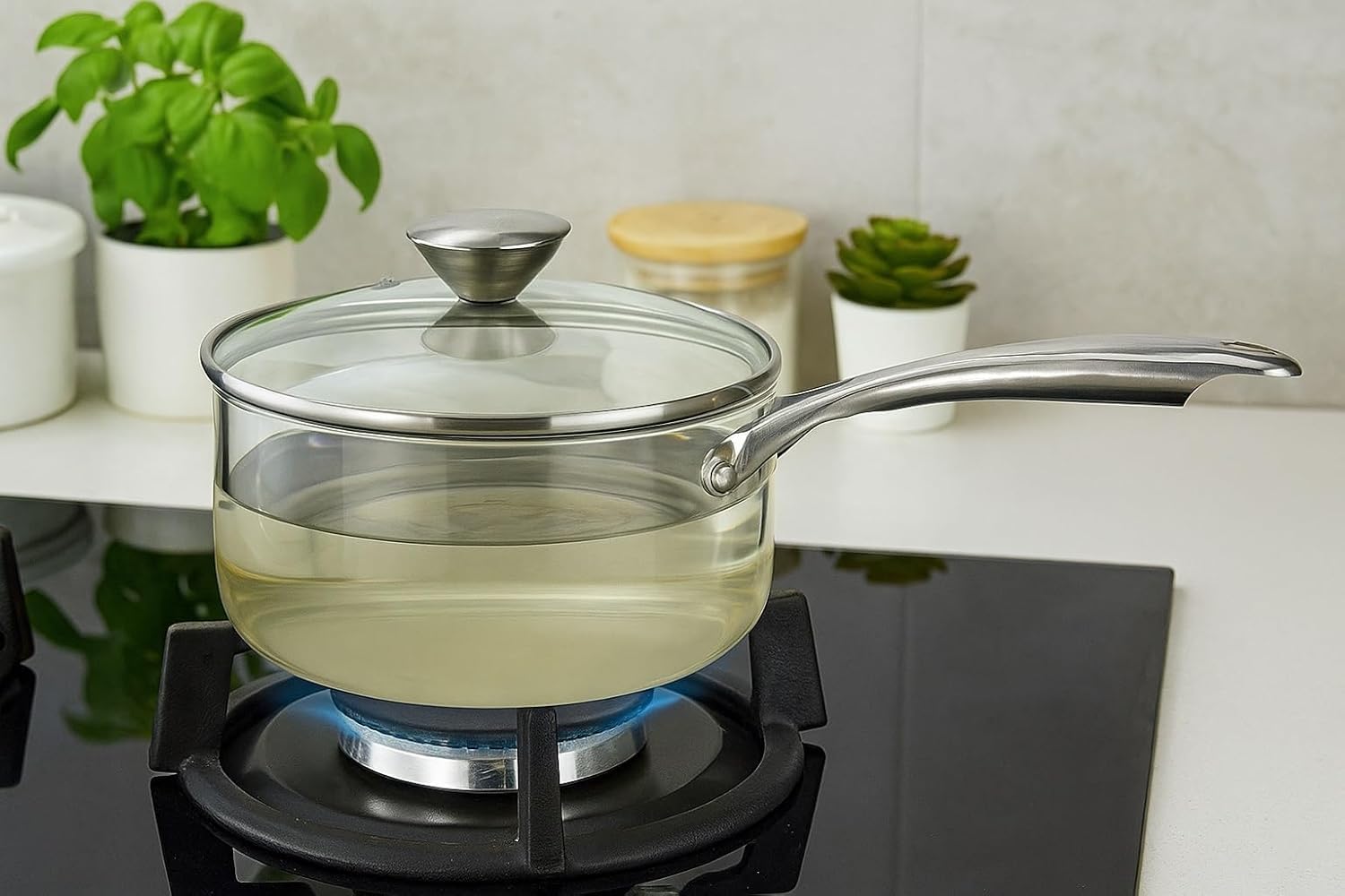 Azlvera Glass Cooking Pot With Lid Stainless Steel Handle Small Saucepan With Lid For Cooking Noodles, Soup, Boiling Milk On Gla