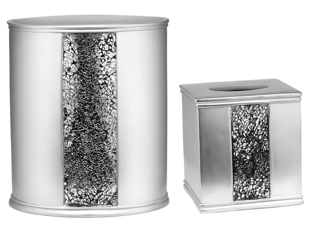 Zahari Home 2Pc Sinatra Silver Modern Bath Accessories Set Waste Basket & Tissue Box Modern Classic Contemporary Decorative Beau