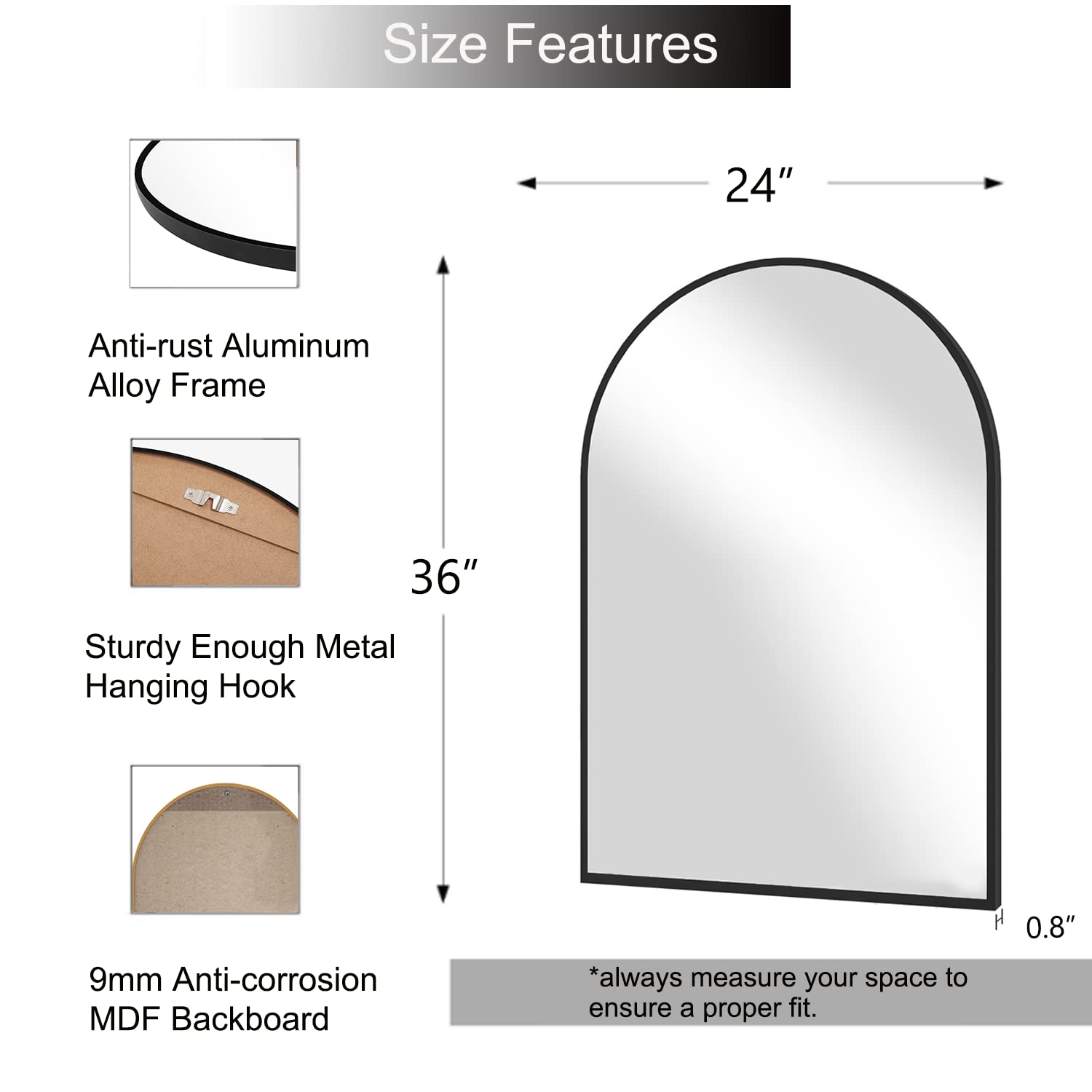 Neuweaby Wall Mounted Mirror, Arched Wall Mirror For Bathroom, 24''X36'' Arch Bathroom Mirror With Metal Frame, Black Vanity Mir