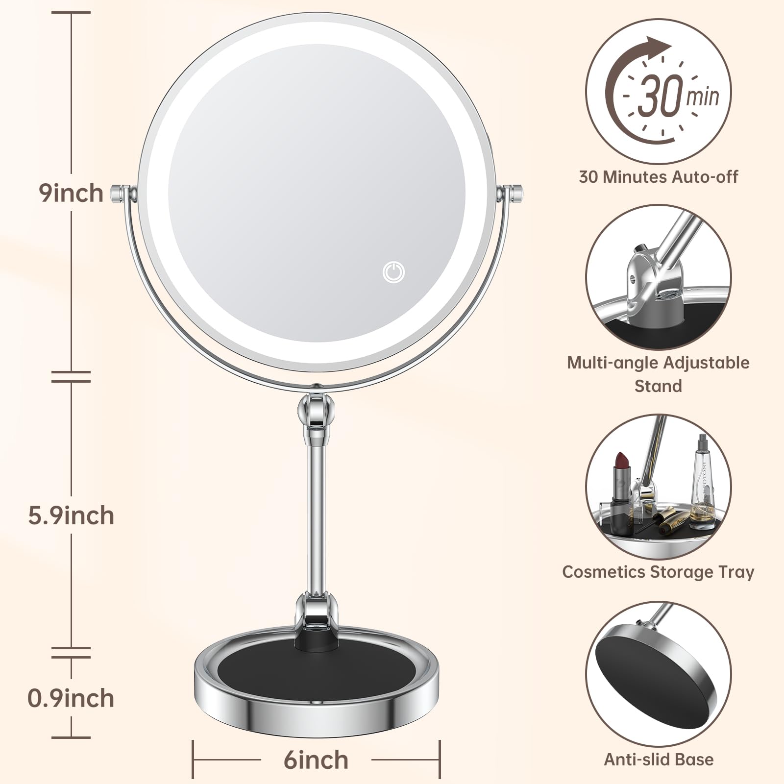 Driveslim 9'' Makeup Mirror With Lights And Magnification 10X/1X,4000Mah Rechargeable Magnifying Vanity Mirror With Lights,Heigh