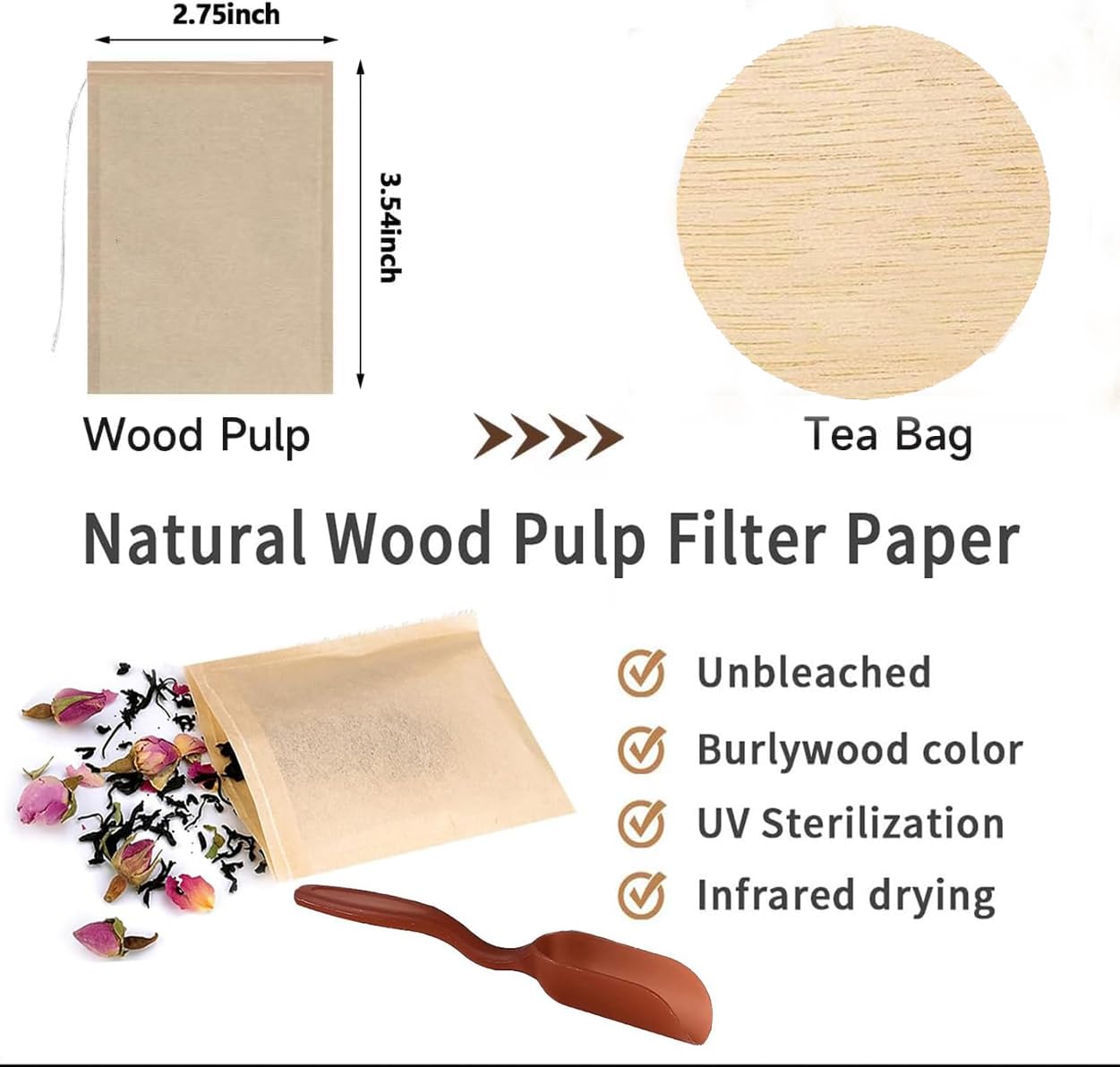 Tea Filter Bags with Free Tea Spoon  Safe & Natural Material  Disposable Tea Infuser for Loose Leaf Tea  Coffee  Spice  Herbs (100 PCS)
