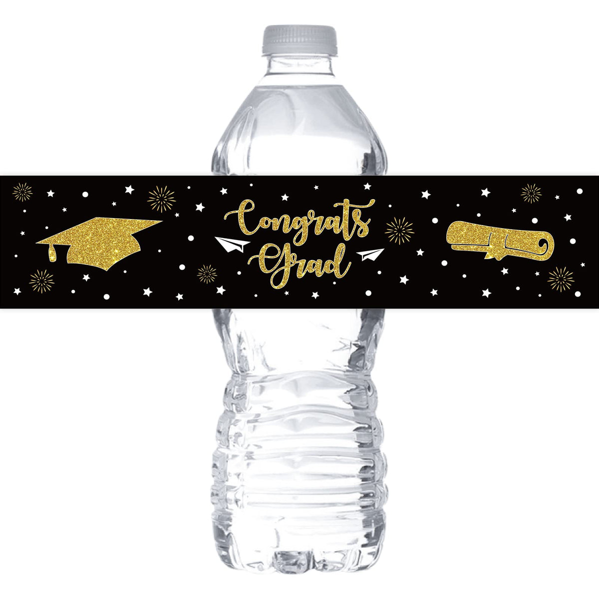 Monmon & Craft Black Grad Water Bottle Labels (Set Of 32) - Graduation Party Supplies