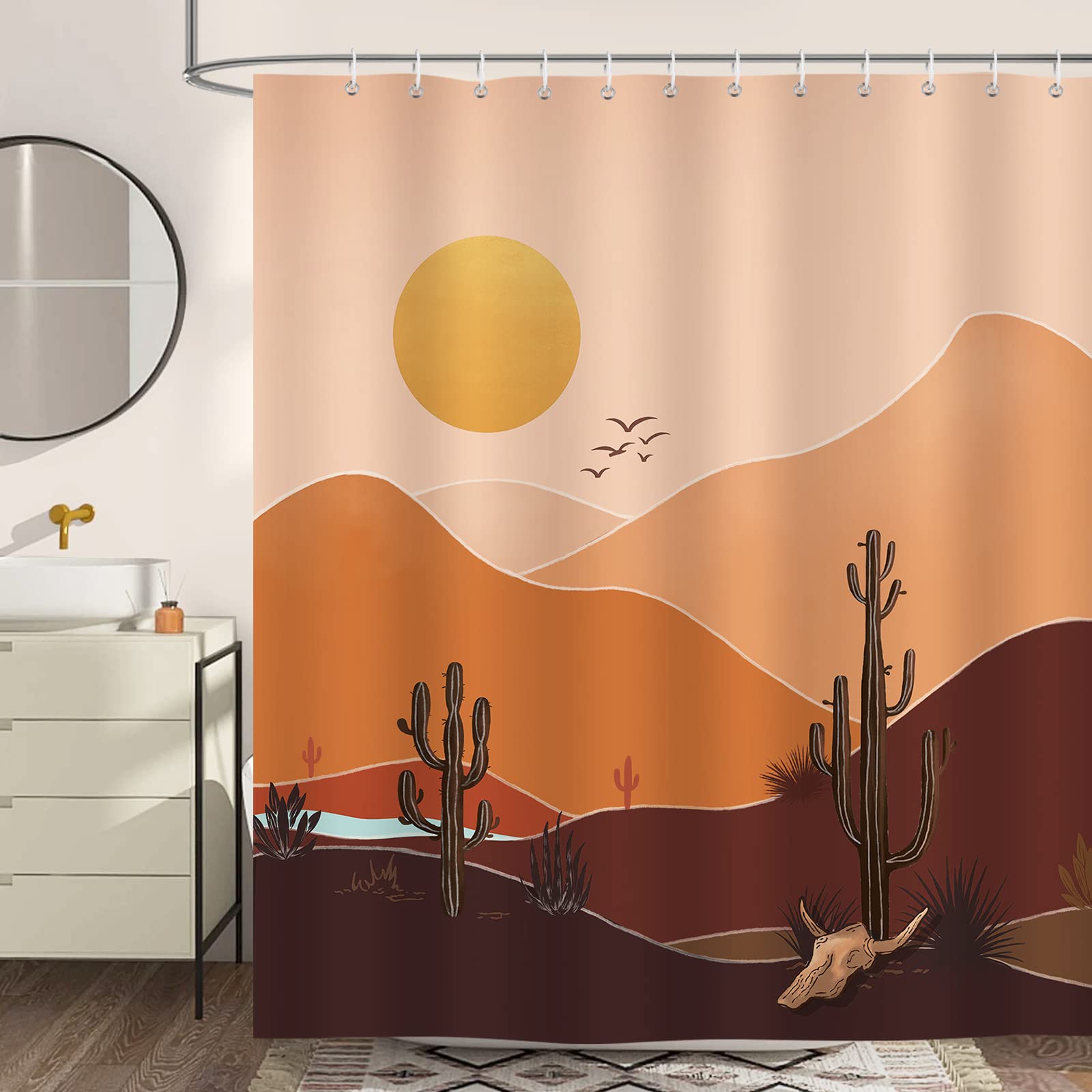 Bonhause Boho Mountain Cactus Shower Curtain 72 x 72 Inch Mid Century Modern Abstract Sunset Decorative Bath Curtain Polyester Fabric Waterproof Bathroom Curtain with 12 Hooks