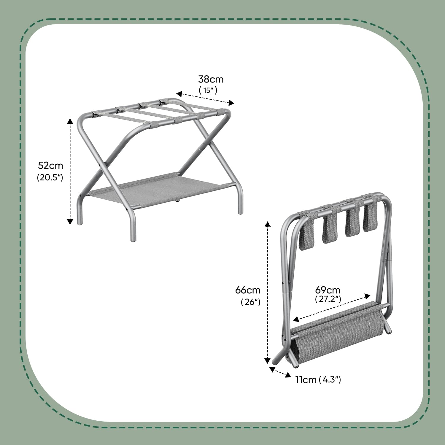 Smart Fendee Luggage Rack For Guest Room, Flat Folding Suitcase Stand With Fabric Shelf, Steel Portable Luggage Stand Bedroom, H