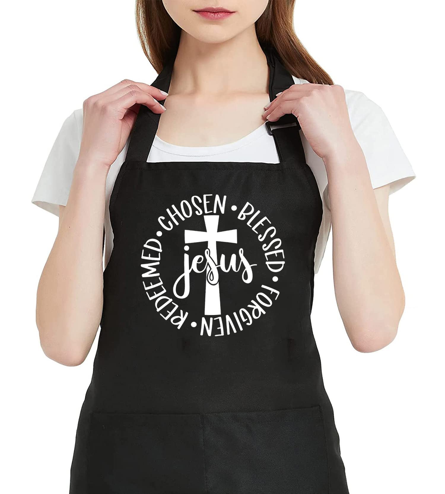 Gxvuis Jesus Apron For Women With 2 Pockets Christian Cross Waterproof Adjustable Bib Apron For Kitchen Cooking Bbq Grilling Bla