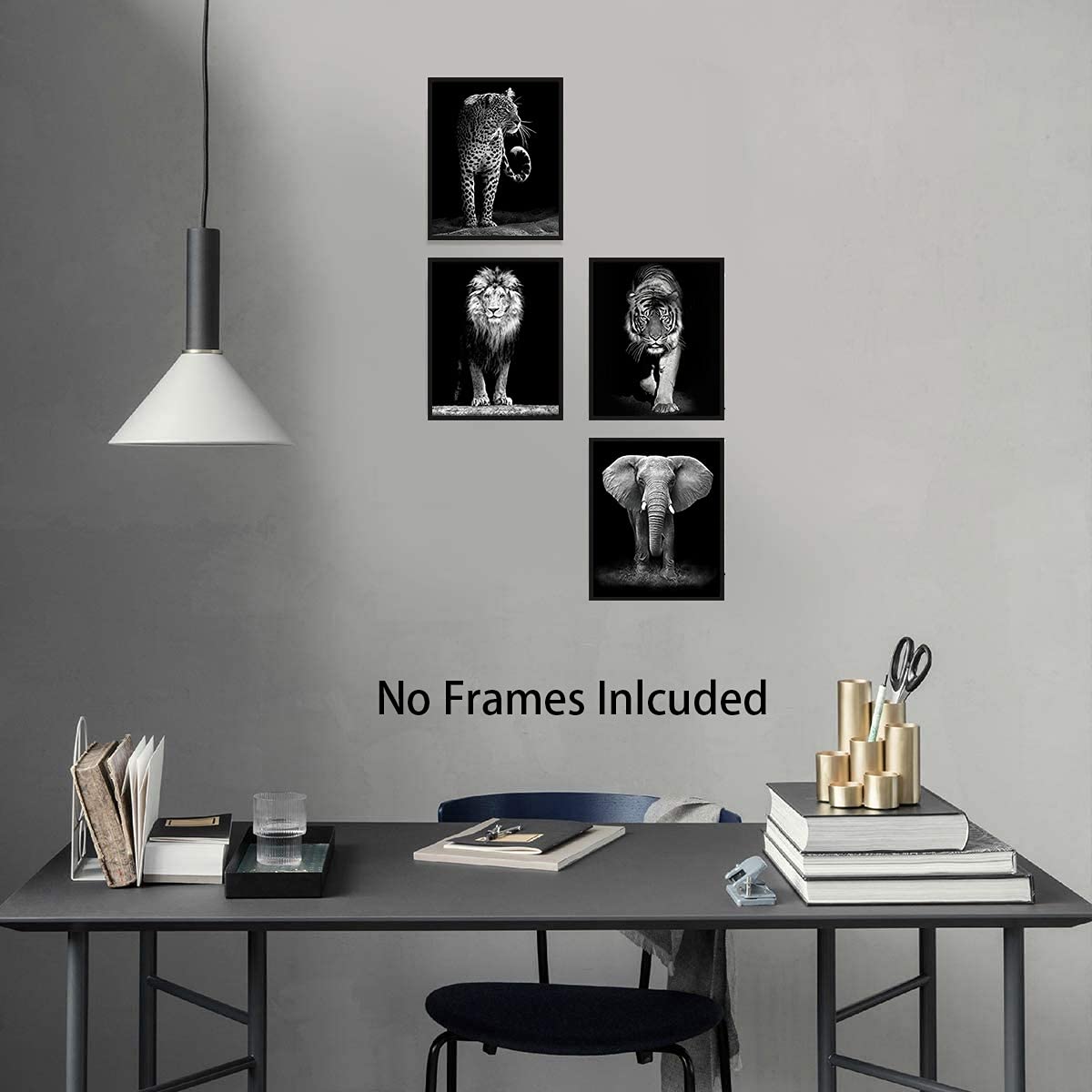 4 Set-Black and White African Wild Animal Photo Wall Art Tiger Lion Elephant  Leopard Picture Canvas Wall Poster Printing Brave Inspirational Wall Art For Bedroom Living Room Decor(8''x 10''Unframed)