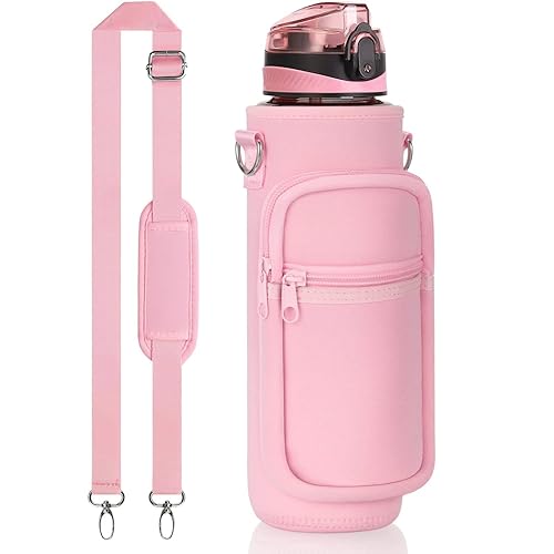 Fimibuke 32 oz Water Bottle with Sleeve - BPA Free Leakproof Sport Large 1L Plastic Motivational Water Bottle with Straw & Strap & Insulated Neoprene Holder Carrier Bag for Kid Women Men(A2.Baby Pink)